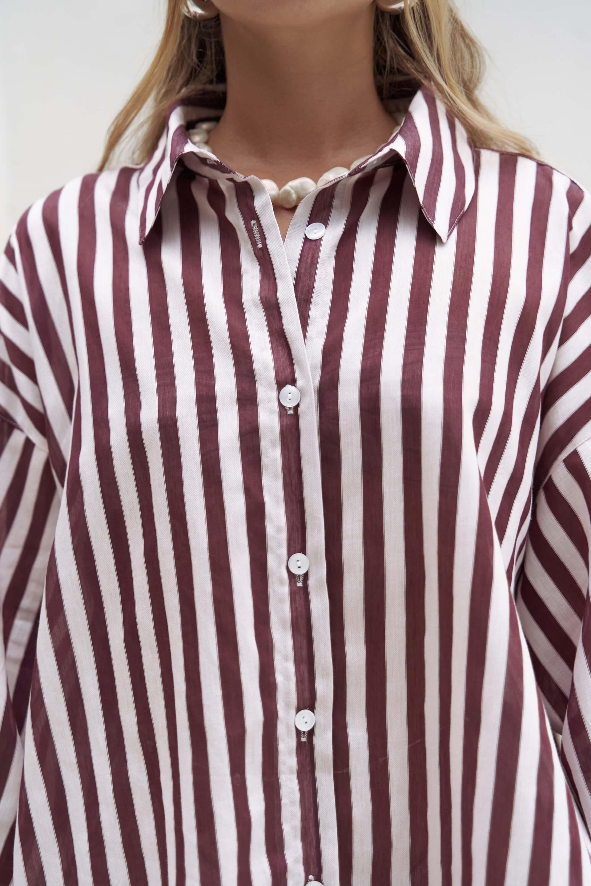 Rosy Transparan Çizgili Bordo Oversize Gömlek