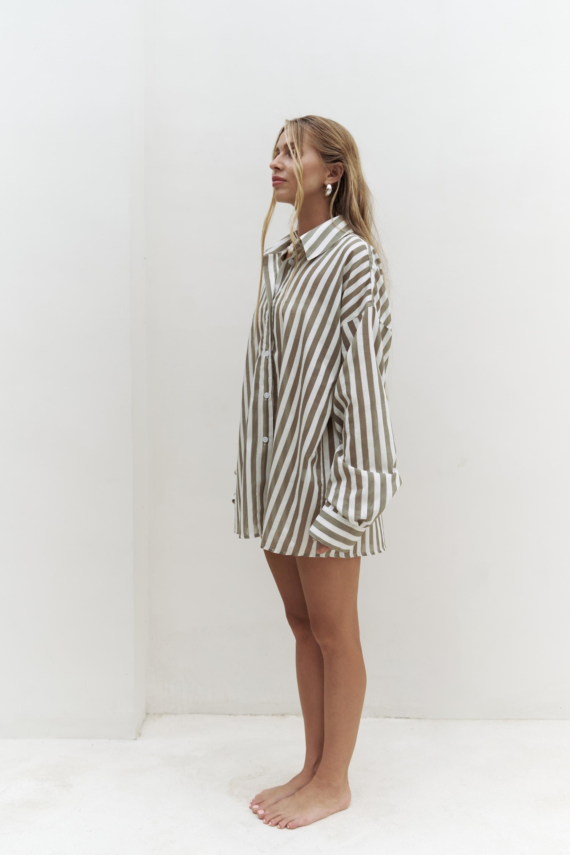 Rosy Transparan Çizgili Haki Oversize Gömlek