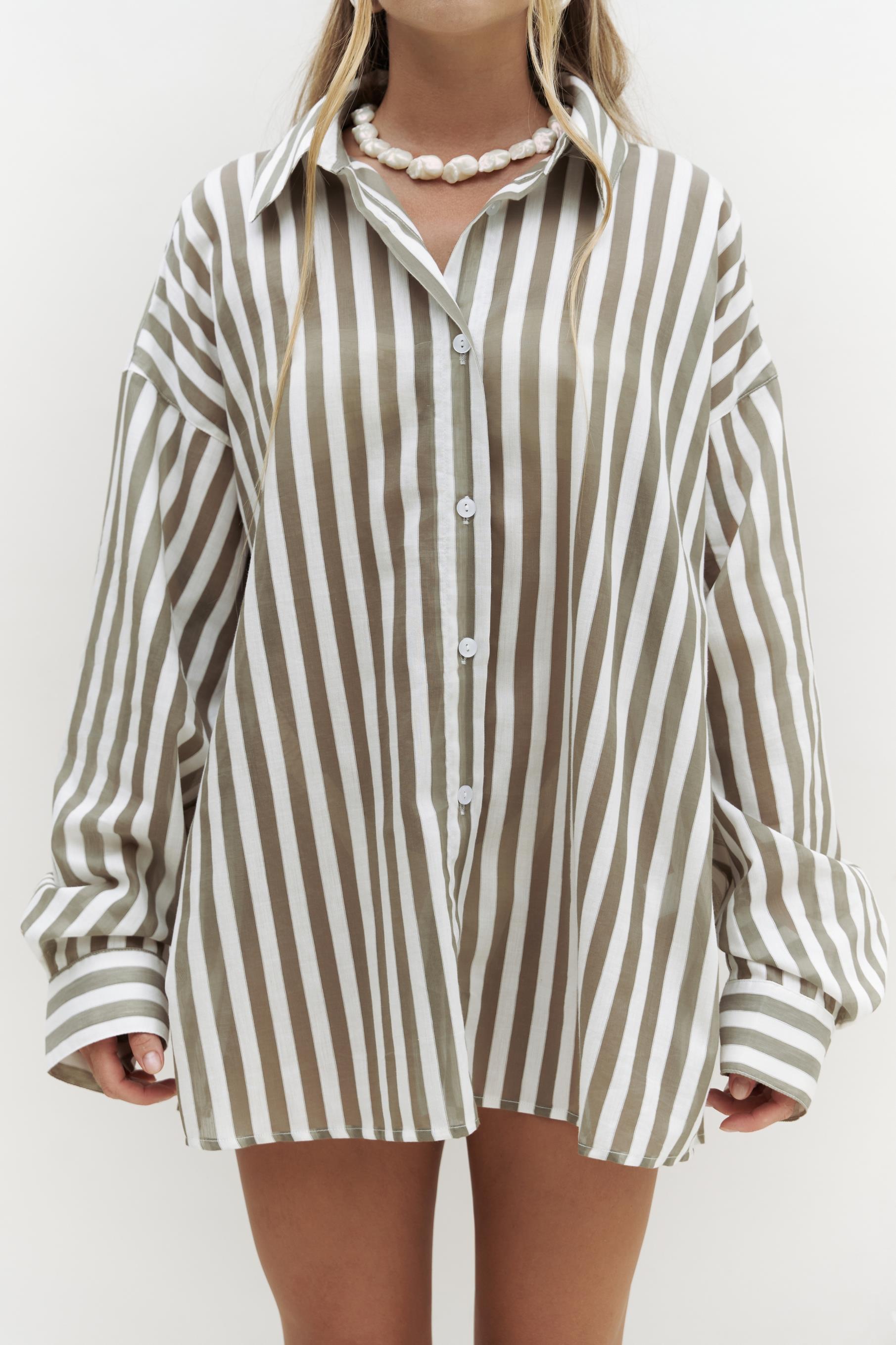Rosy Transparan Çizgili Haki Oversize Gömlek