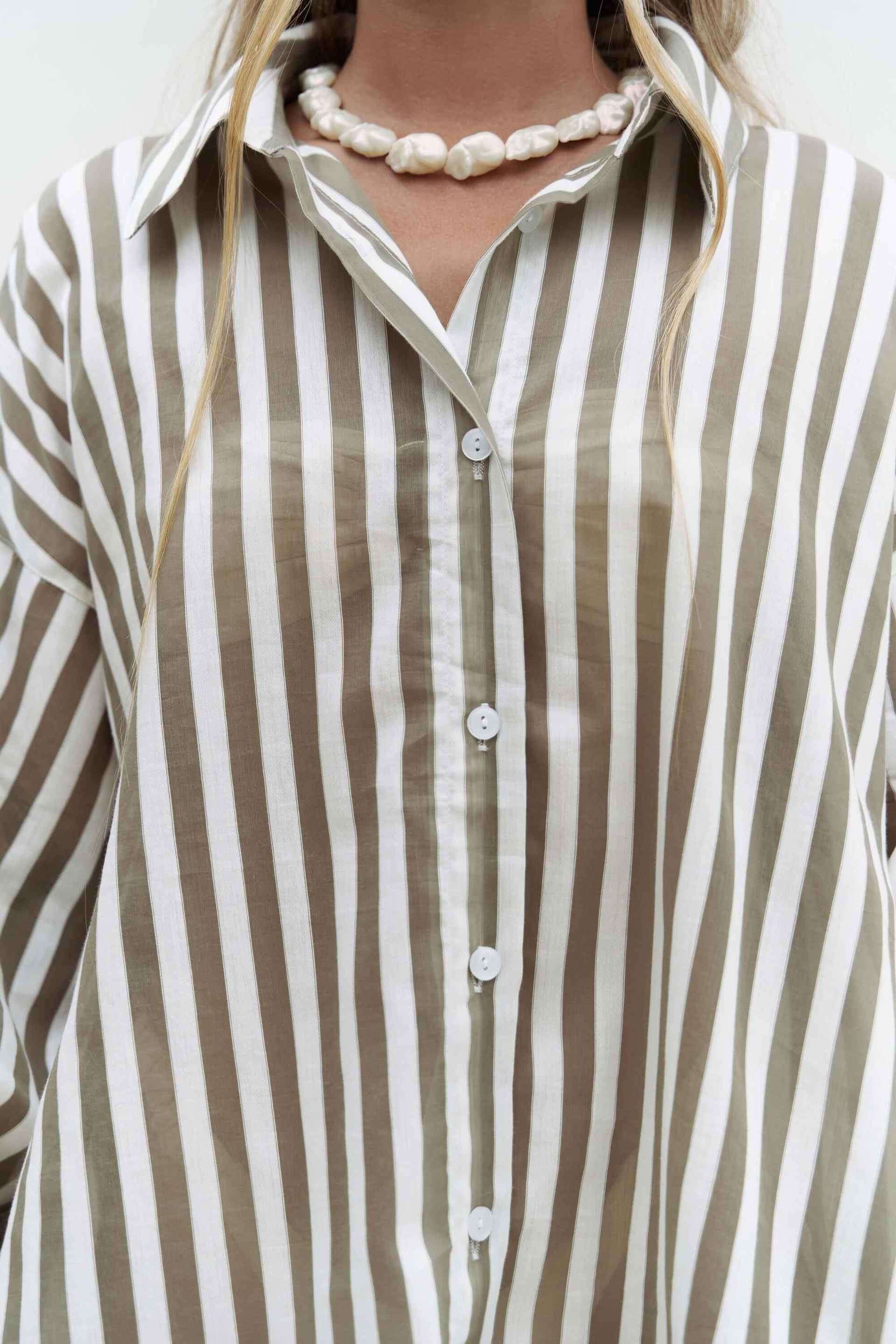 Rosy Transparan Çizgili Haki Oversize Gömlek