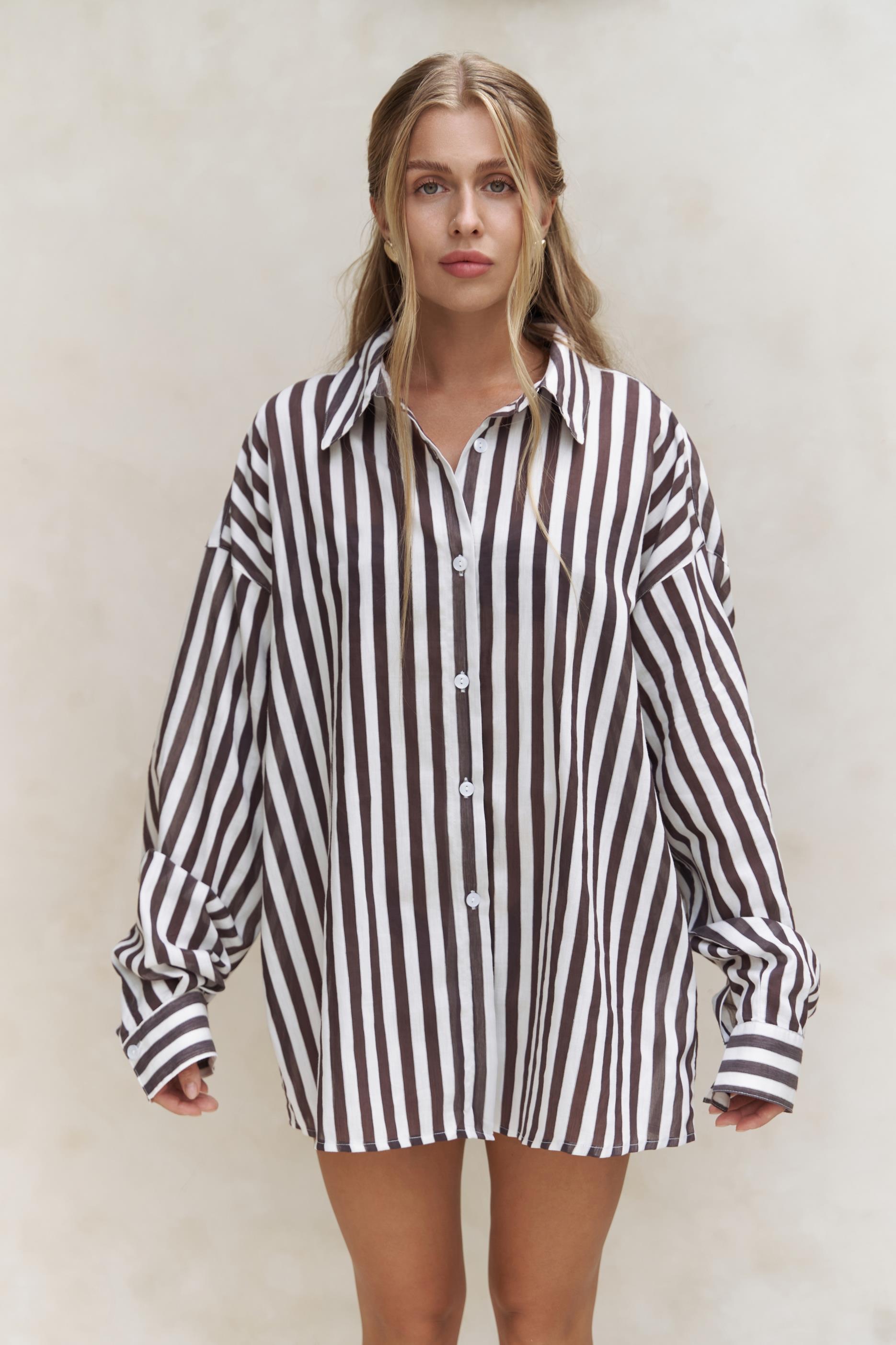 Rosy Transparan Çizgili Kahve Oversize Gömlek