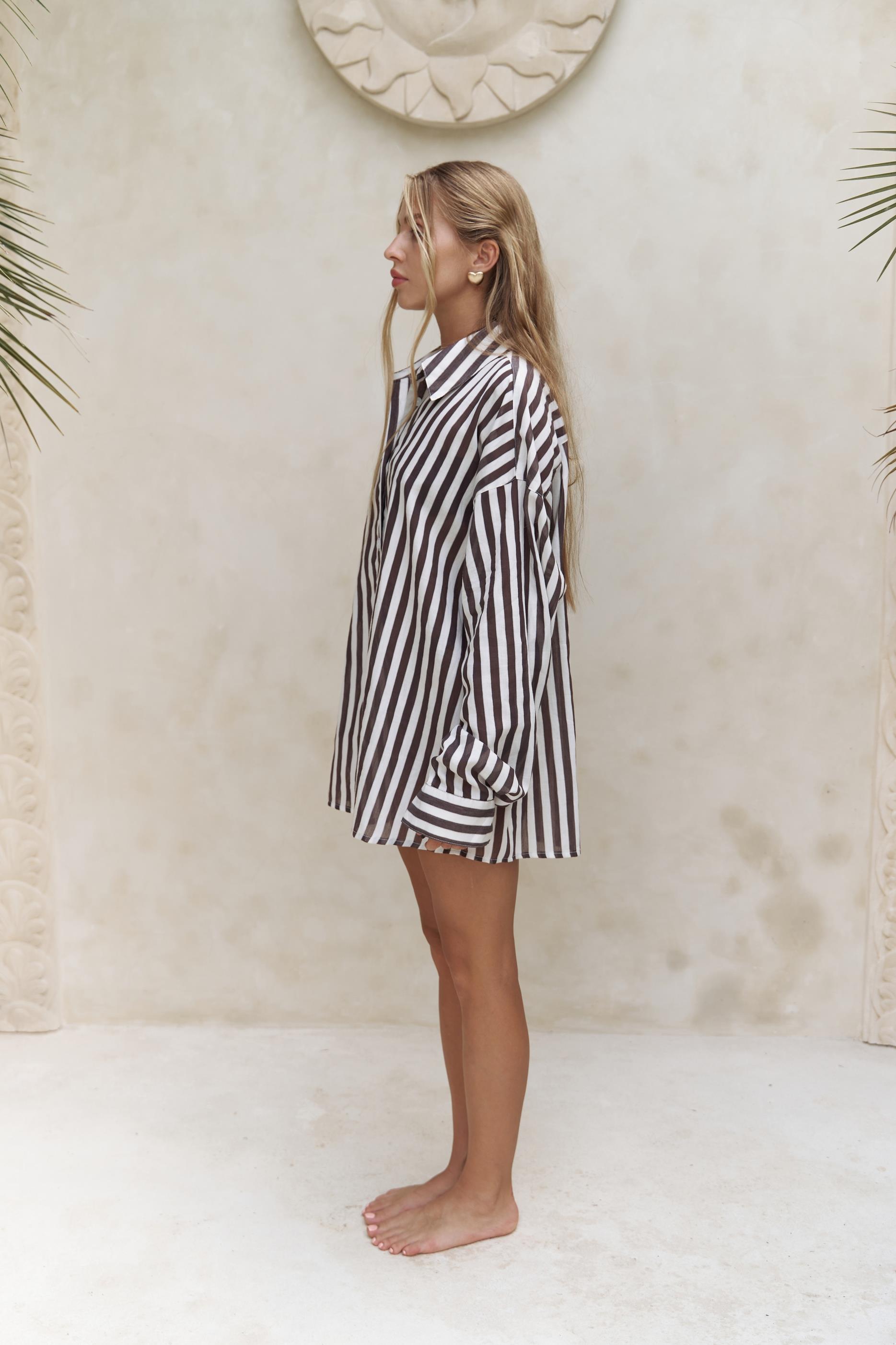 Rosy Transparan Çizgili Kahve Oversize Gömlek