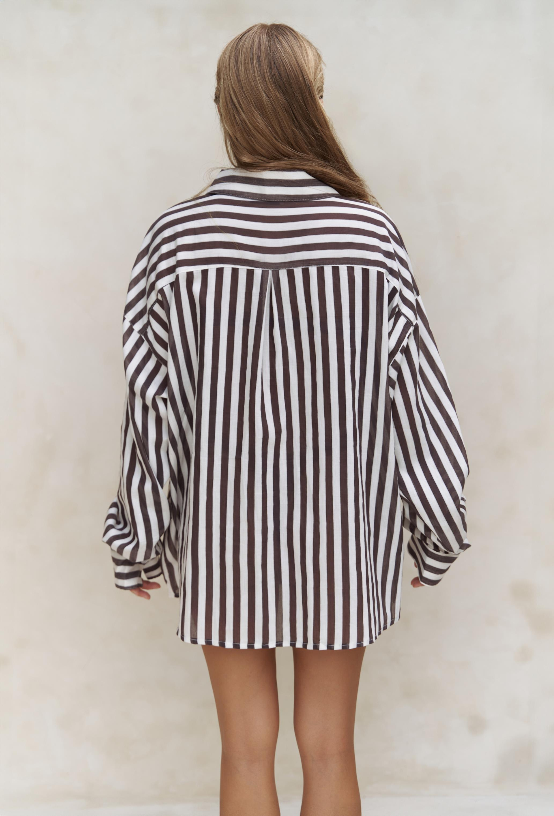Rosy Transparan Çizgili Kahve Oversize Gömlek