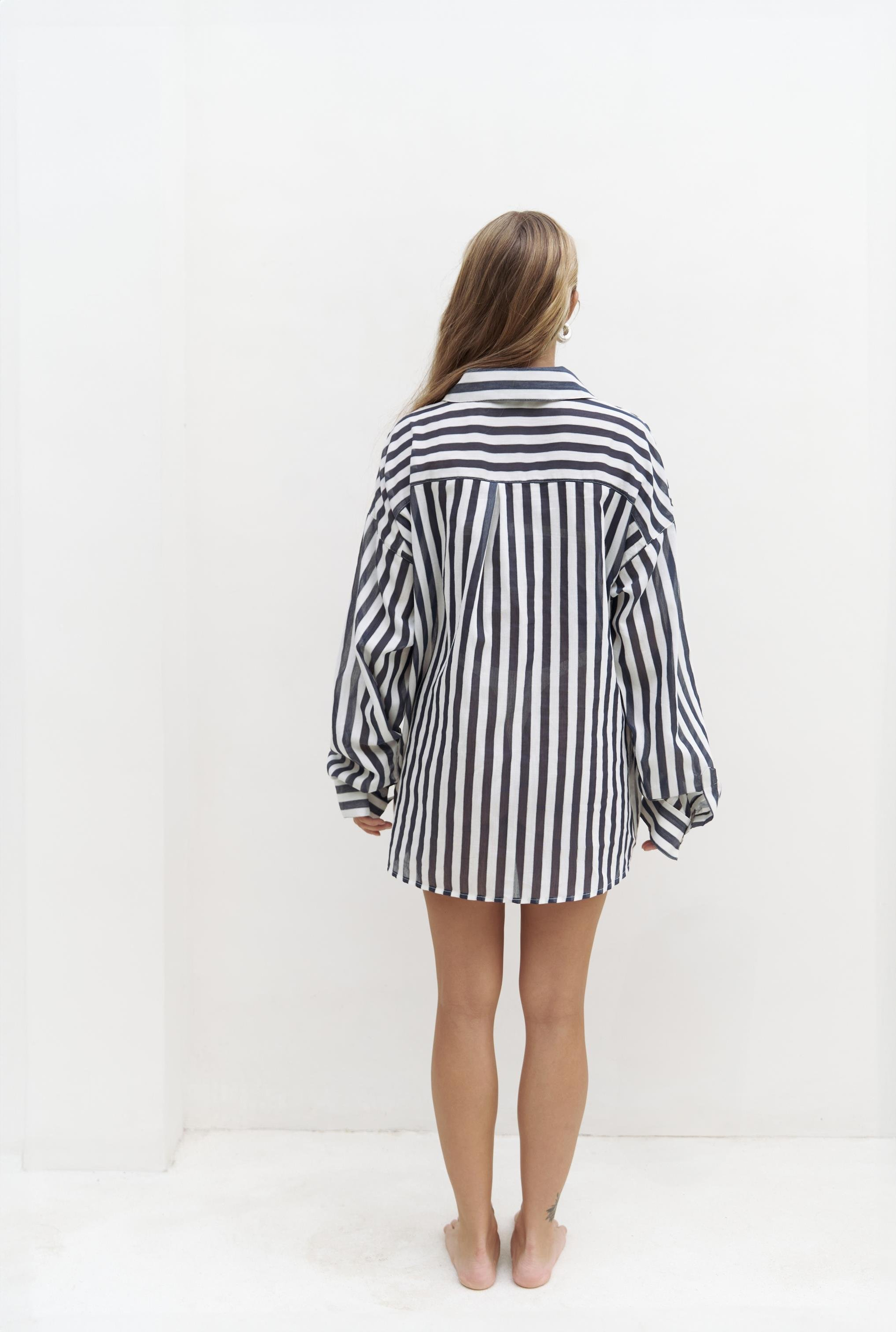 Rosy Transparan Çizgili Lacivert Oversize Gömlek