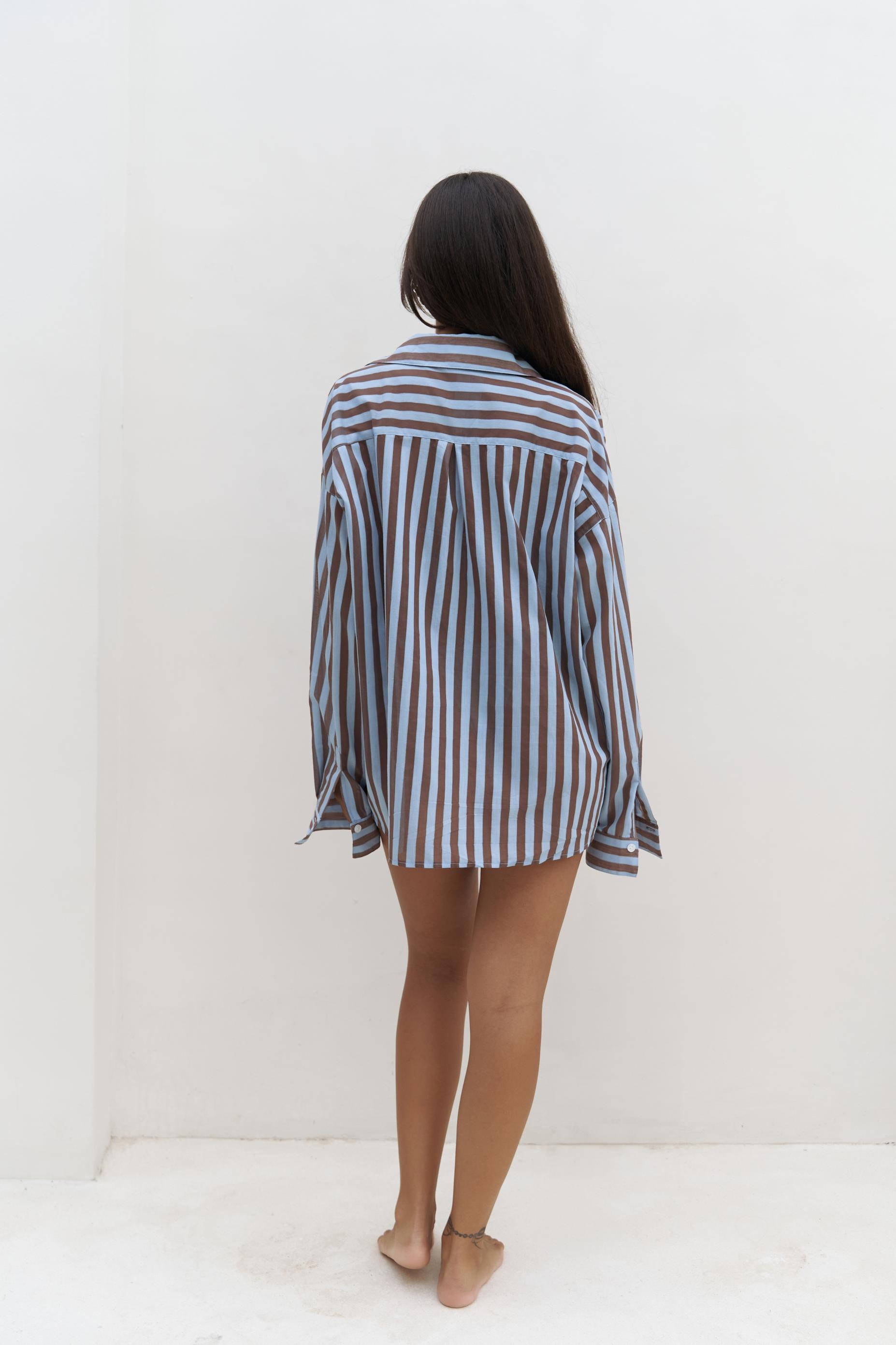 Rosy Transparan Çizgili Mavi Oversize Gömlek