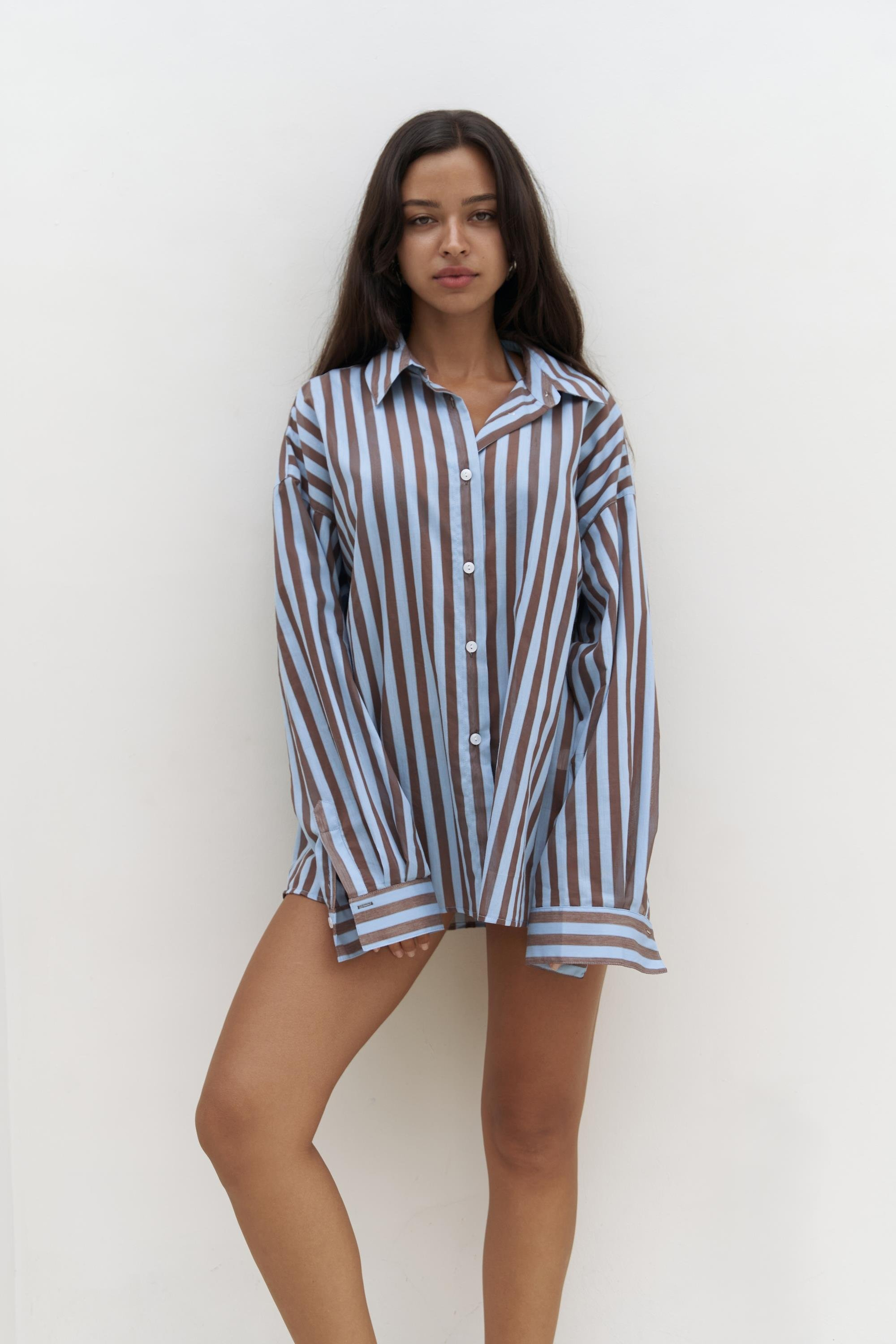 Rosy Transparan Çizgili Mavi Oversize Gömlek