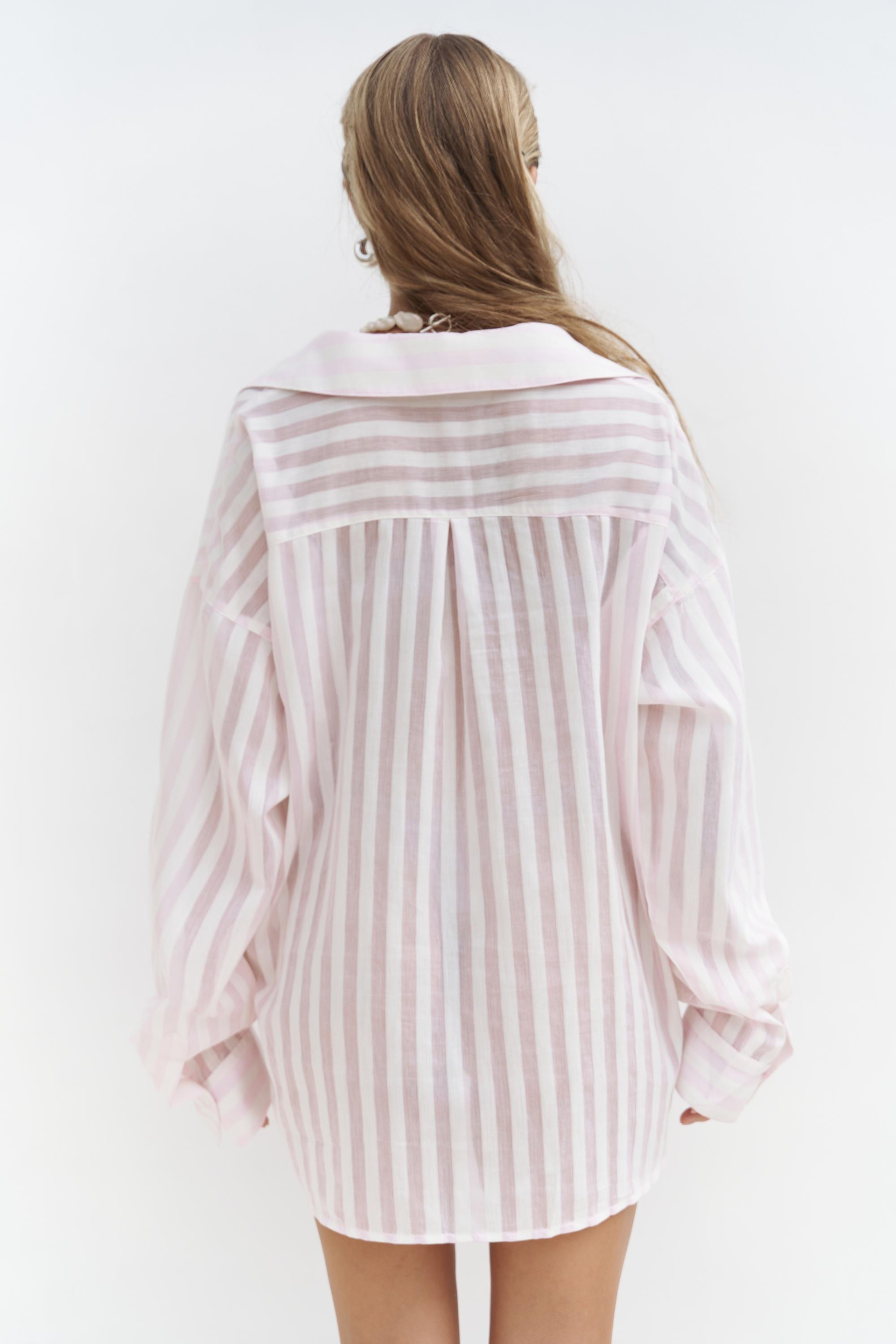 Rosy Transparan Çizgili Oversize Gömlek - PEMBE