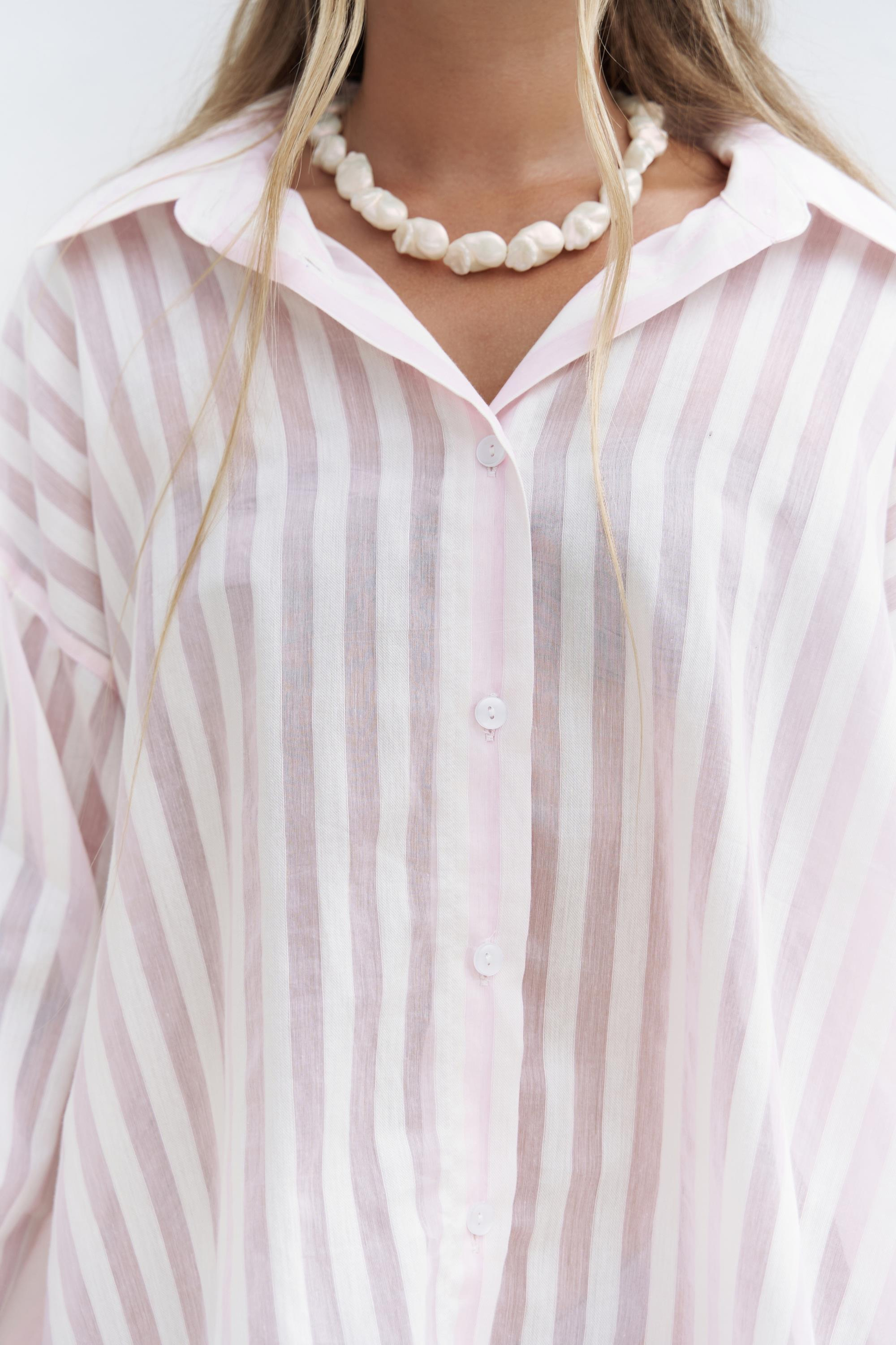 Rosy Transparan Çizgili Pembe Oversize Gömlek 