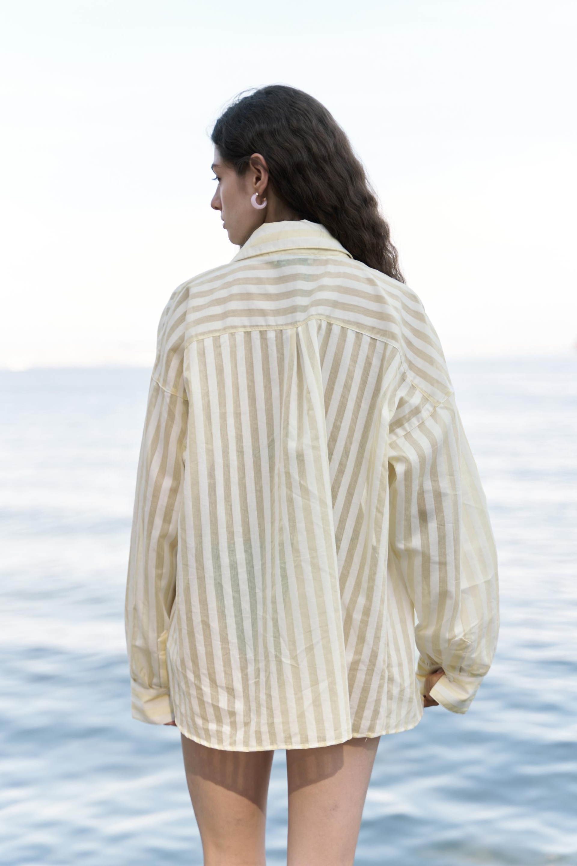 Rosy Transparan Çizgili Sarı Oversize Gömlek