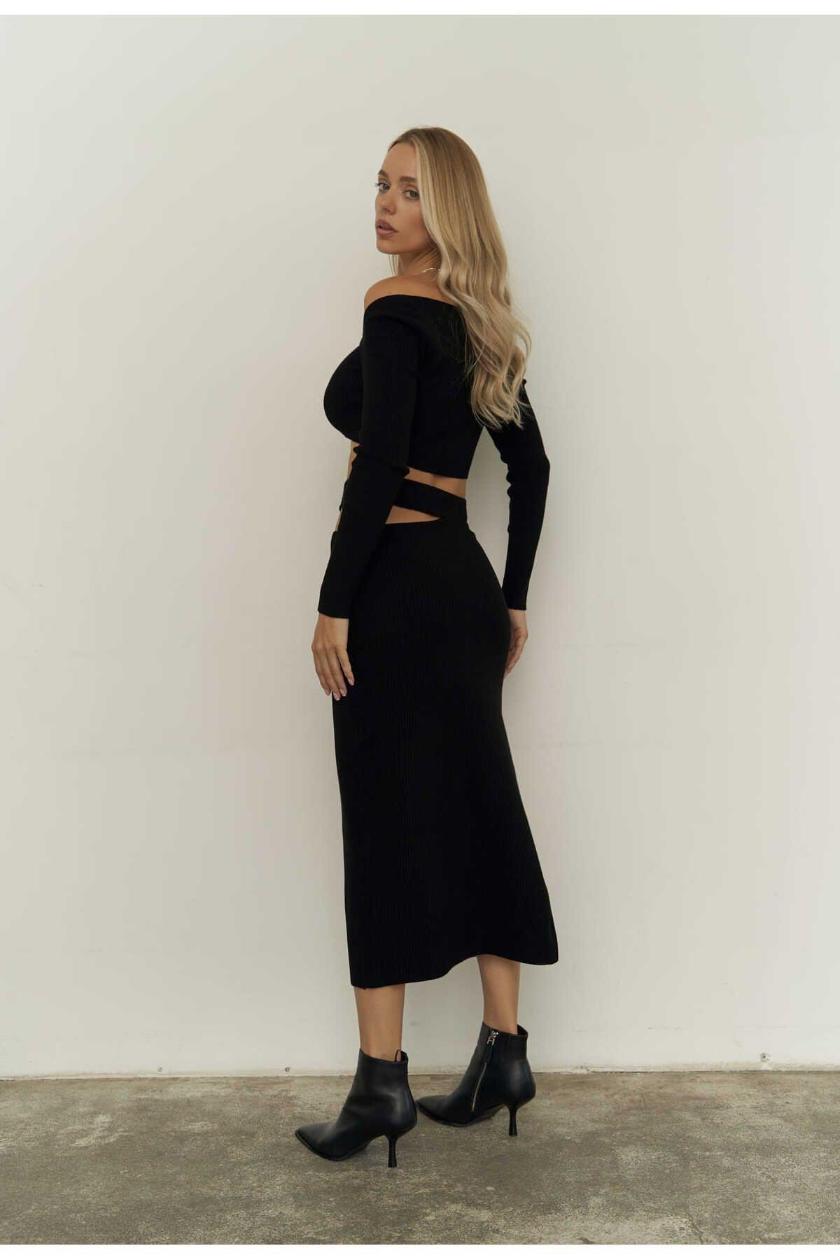 Mai Sabrina Black Knit Crop Top-Skirt Set