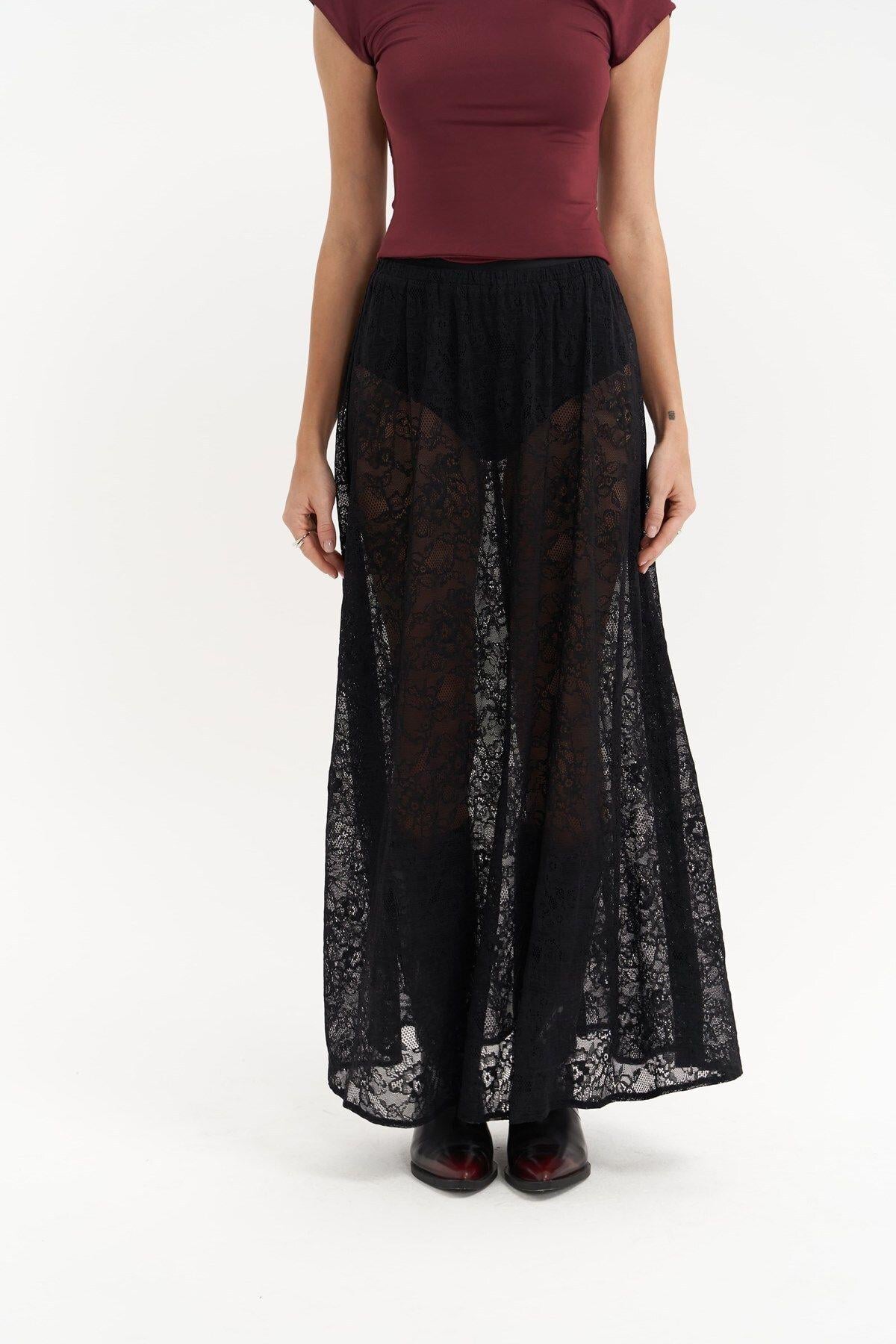 Seena Black Long Lace Skirt