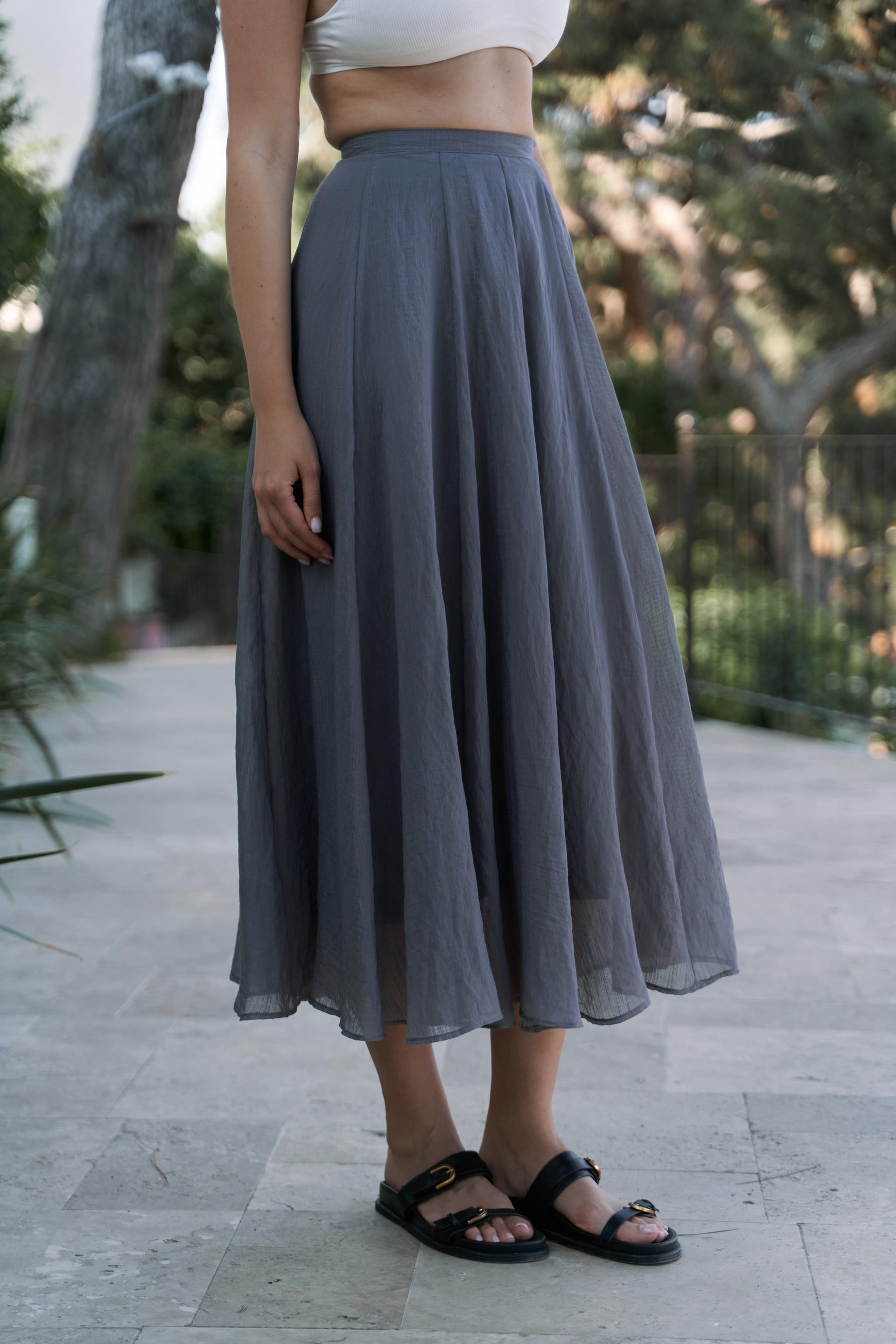 Seonag Volanlı Antrasit Uzun Etek