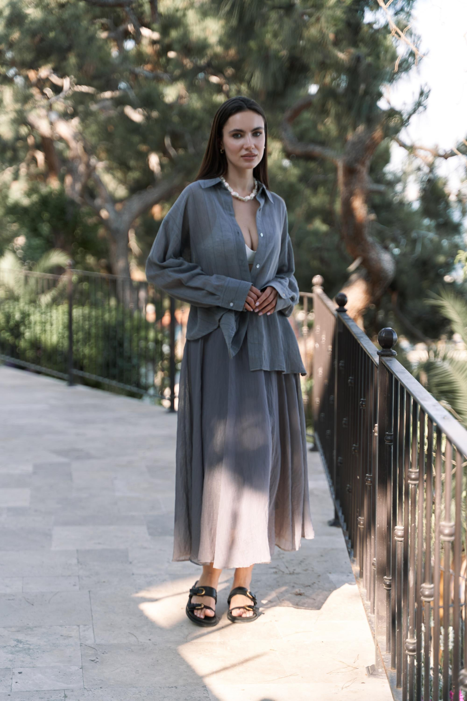 Seonag Volanlı Antrasit Uzun Etek