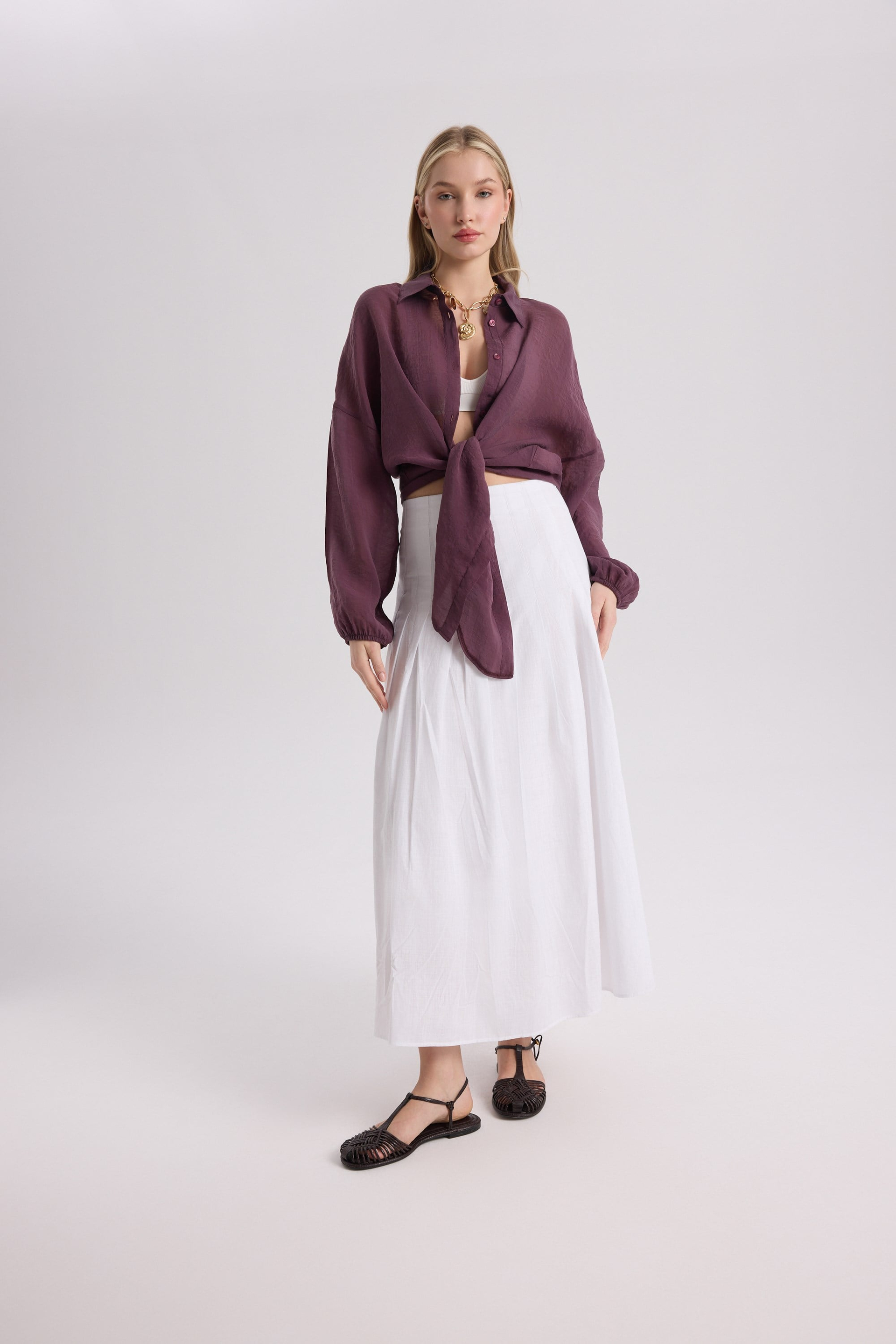 Sera Pleated Detail White Long Skirt