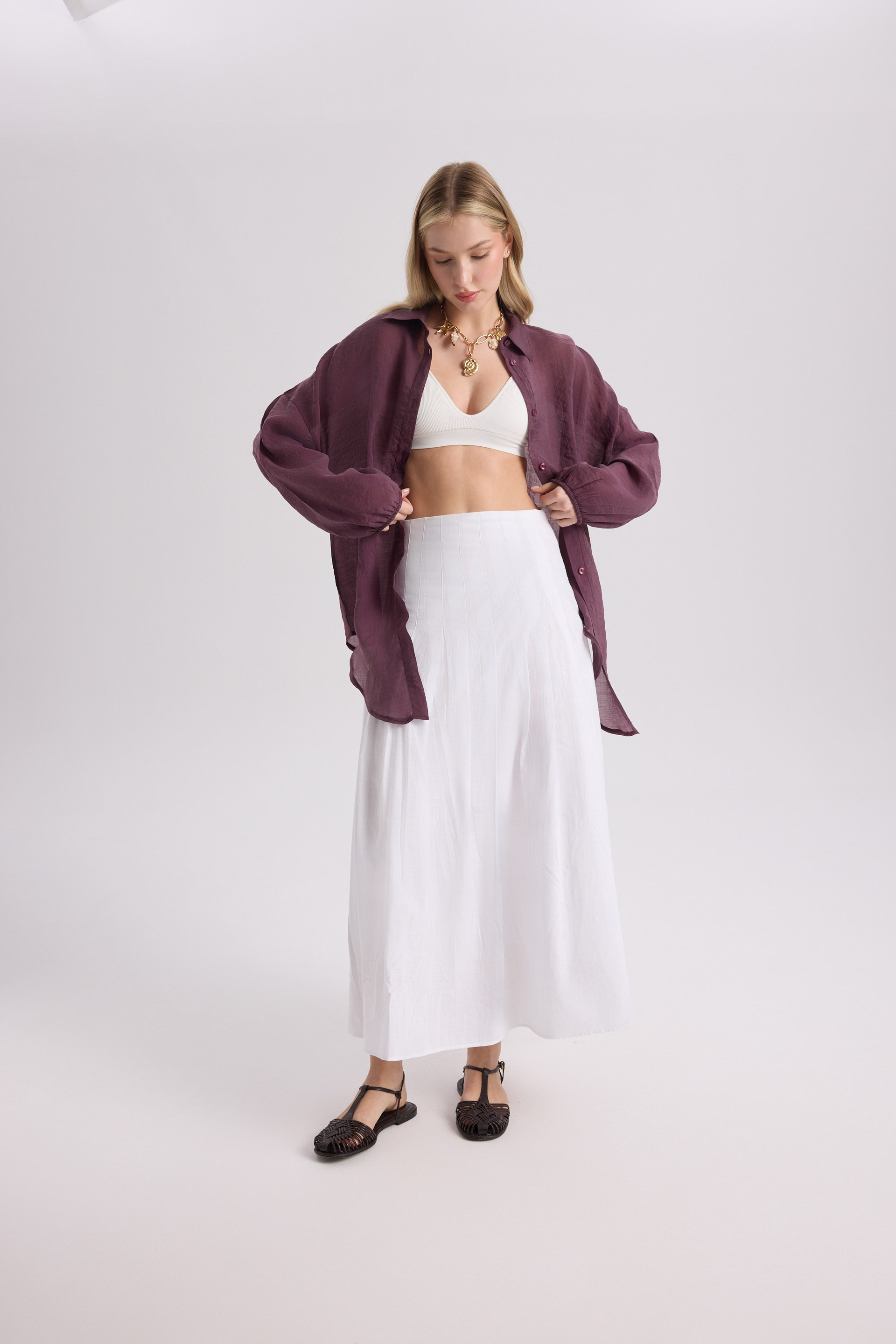 Sera Pleated Detail White Long Skirt