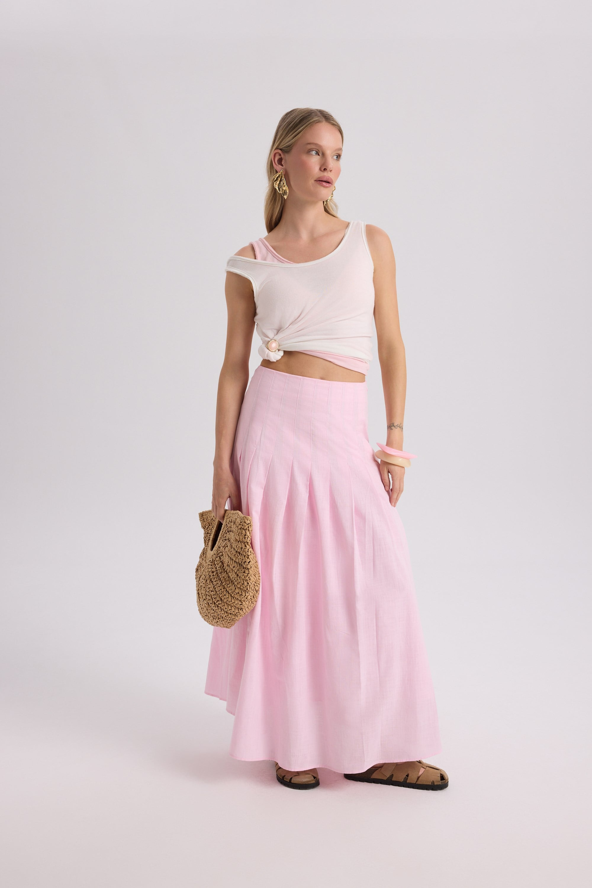 Sera Pleated Detail Pink Long Skirt