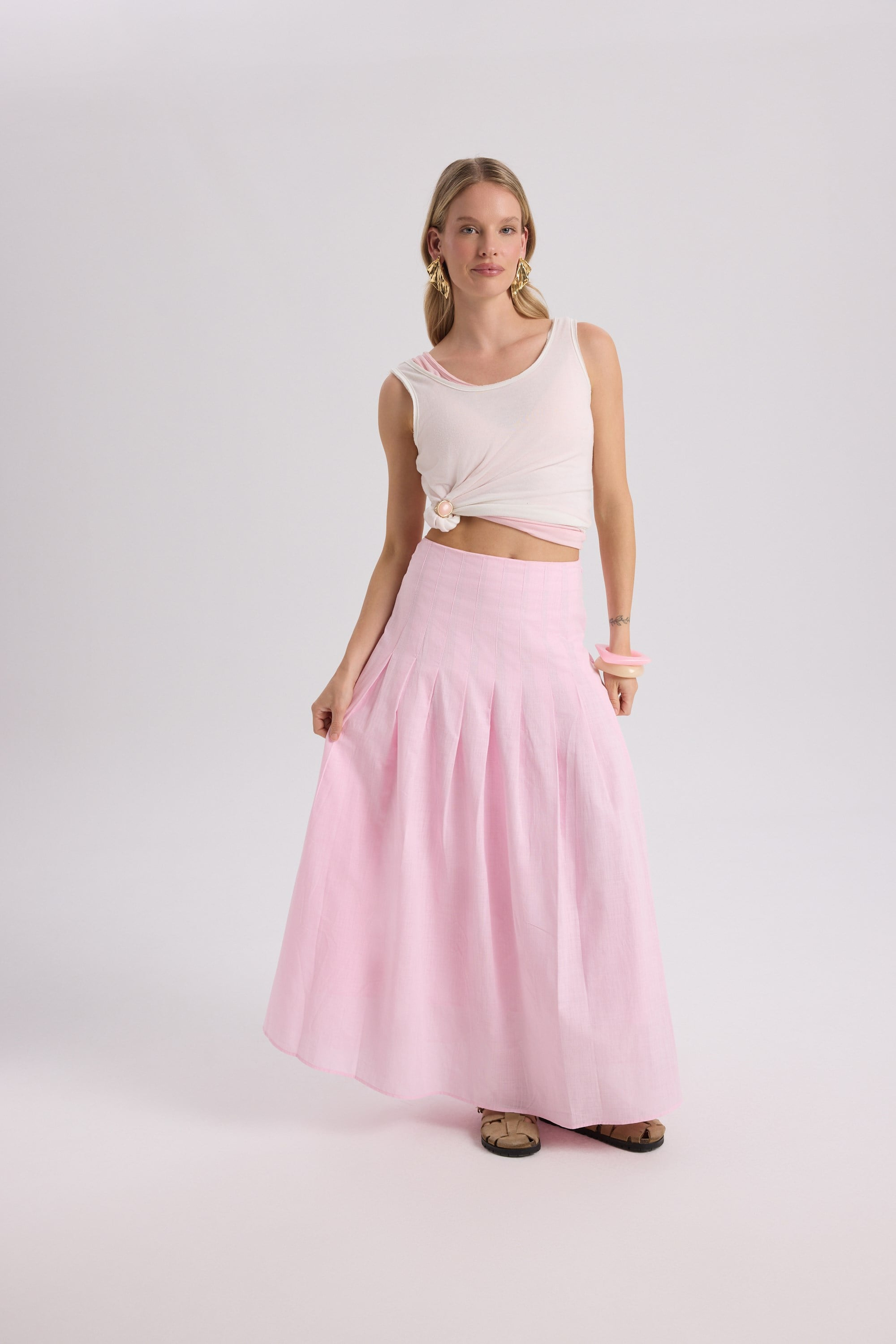 Sera Pleated Detail Pink Long Skirt