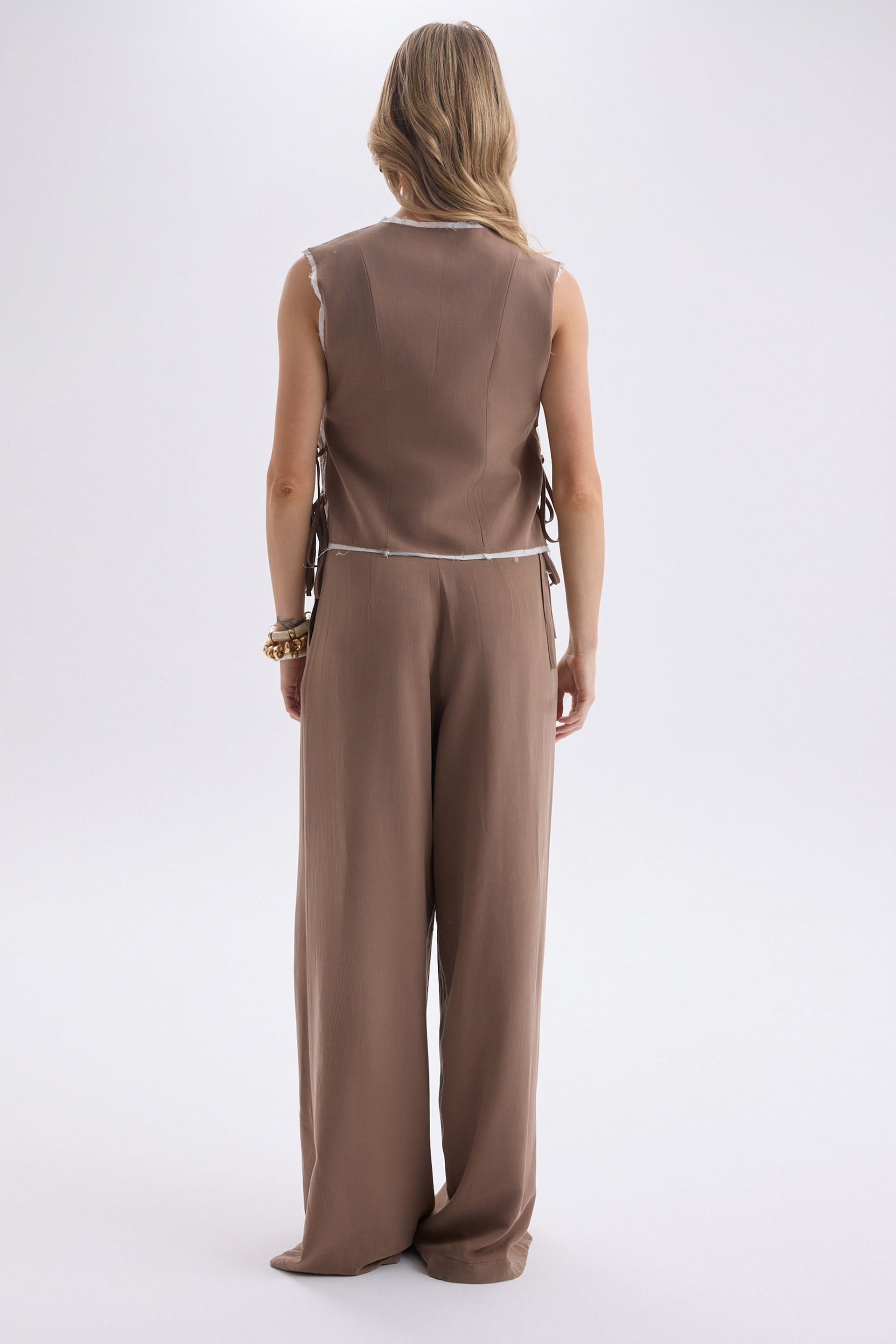 Shonas Lace-Up Detail Brown Vest Pants Set