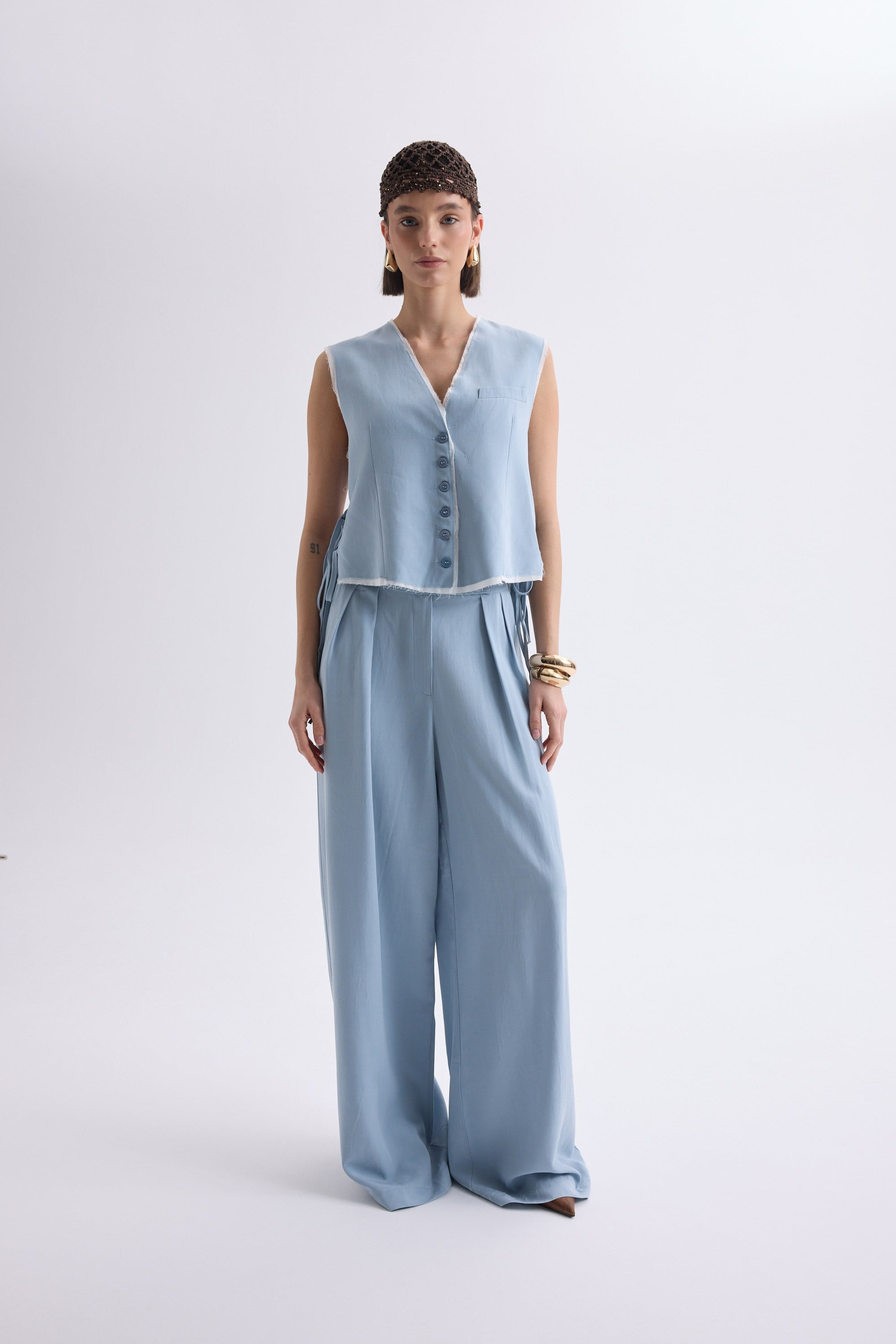 Shonas Lace-Up Detail Blue Vest Pants Set