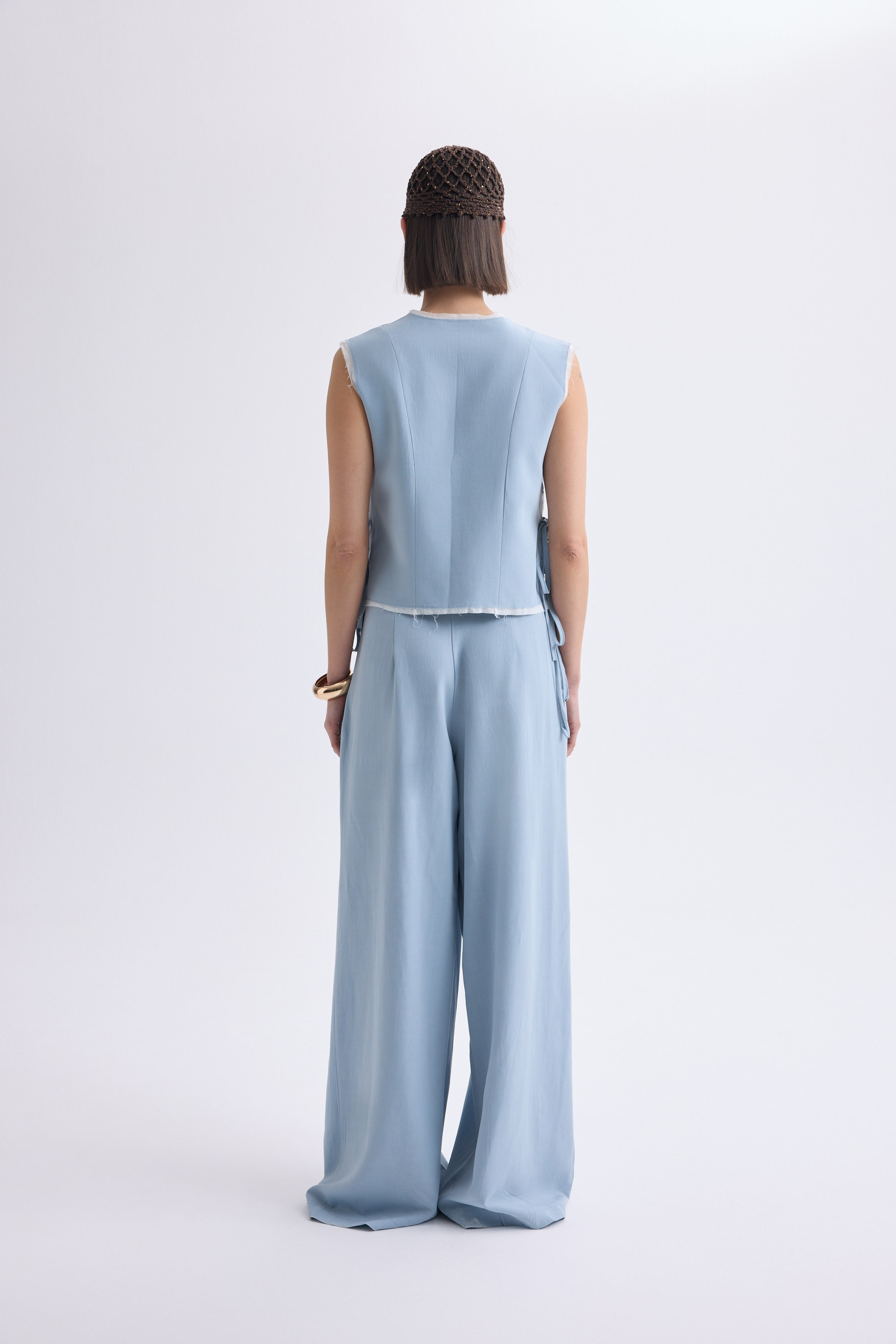 Shonas Lace-Up Detail Blue Vest Pants Set