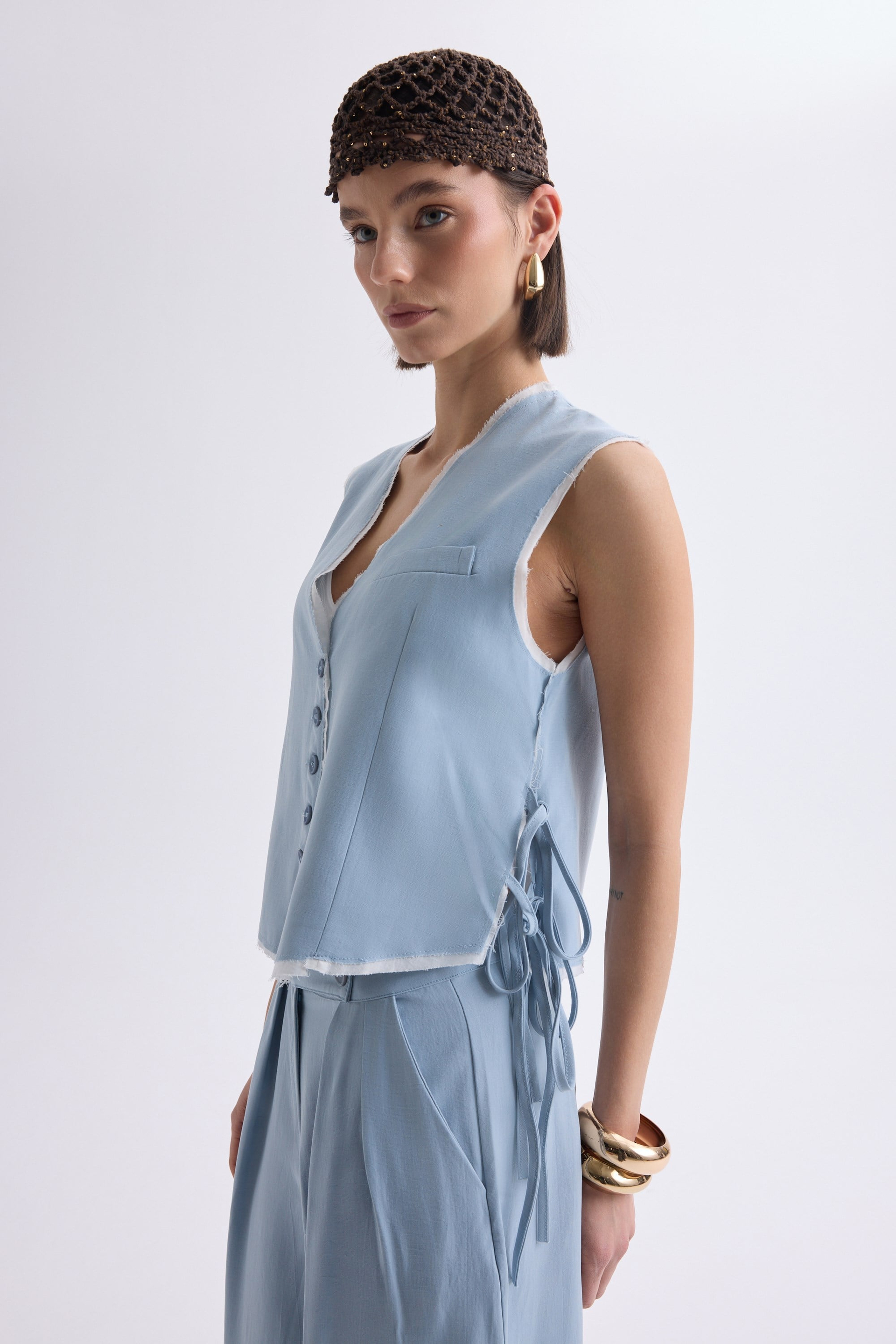 Shonas Lace-Up Detail Blue Vest Pants Set