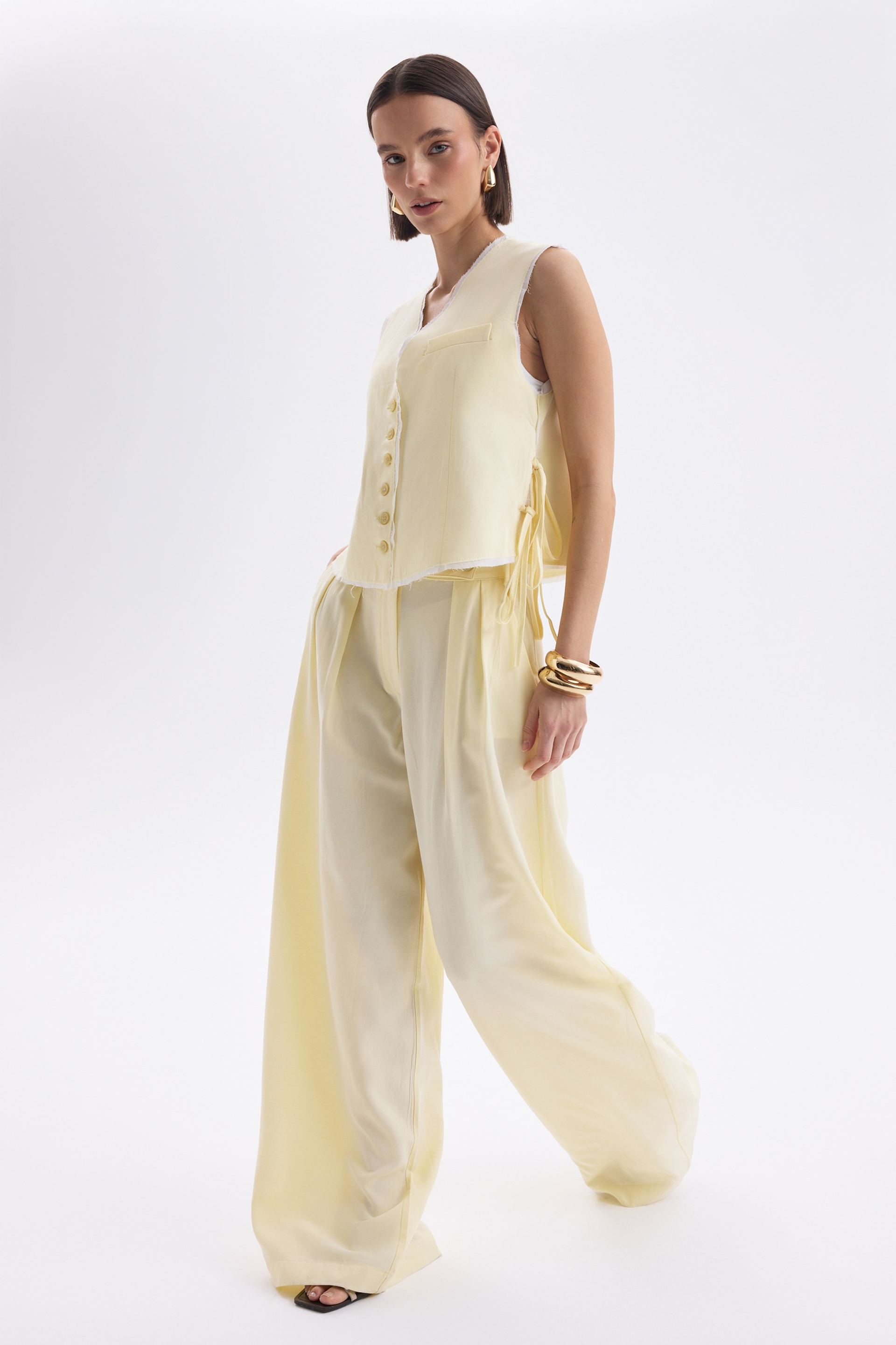 Shonas Lace-Up Detail Yellow Vest Pants Set