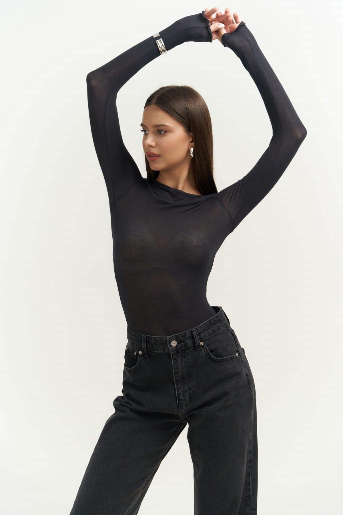 Silvano Boat Neck Long Sleeve Black Blouse