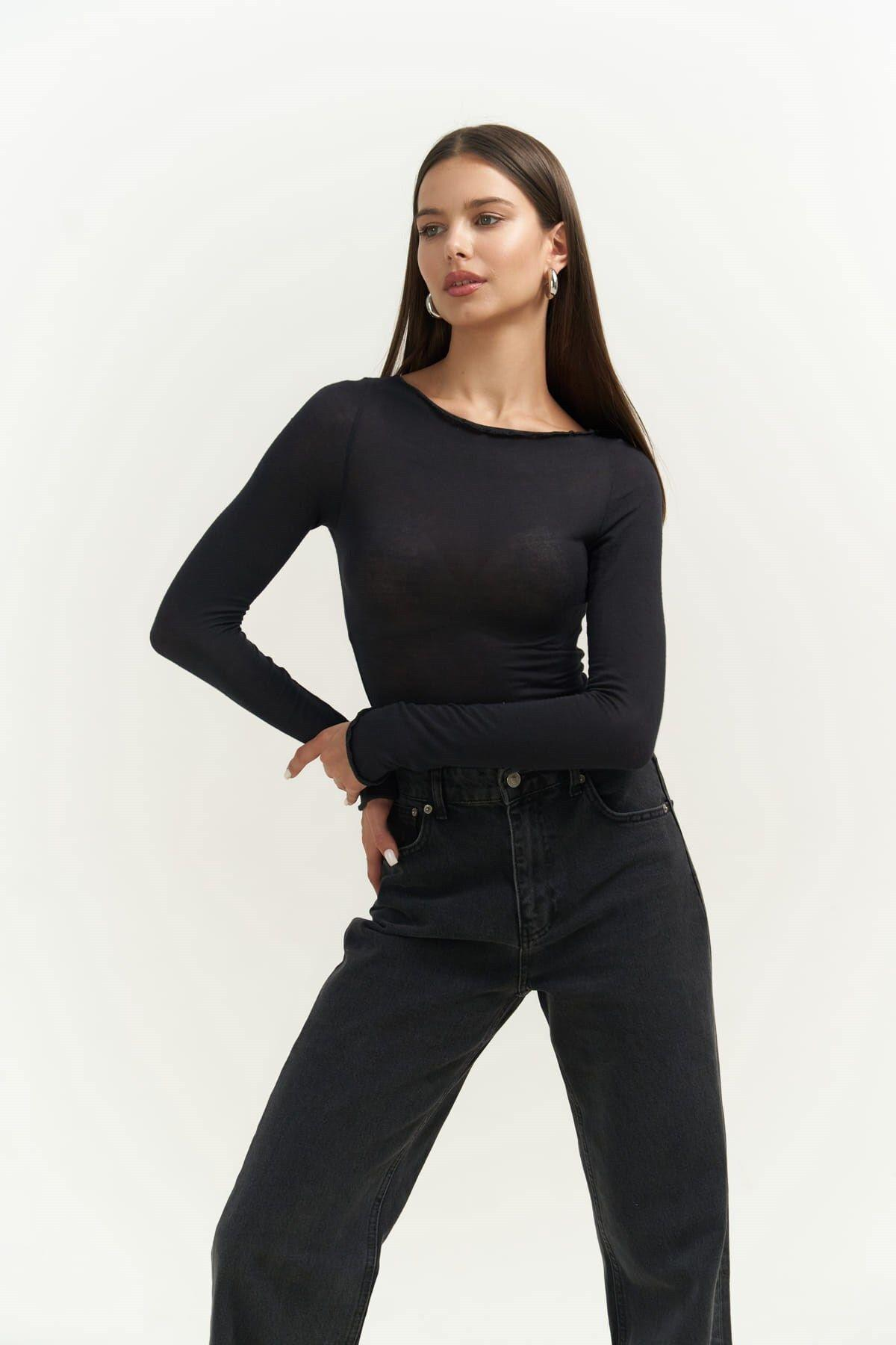 Silvano Boat Neck Long Sleeve Black Blouse