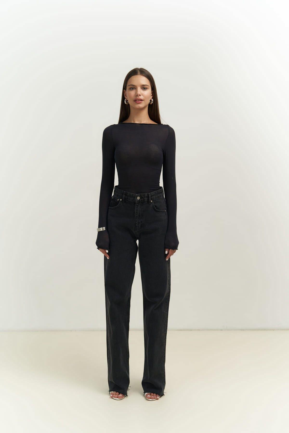 Silvano Boat Neck Long Sleeve Black Blouse