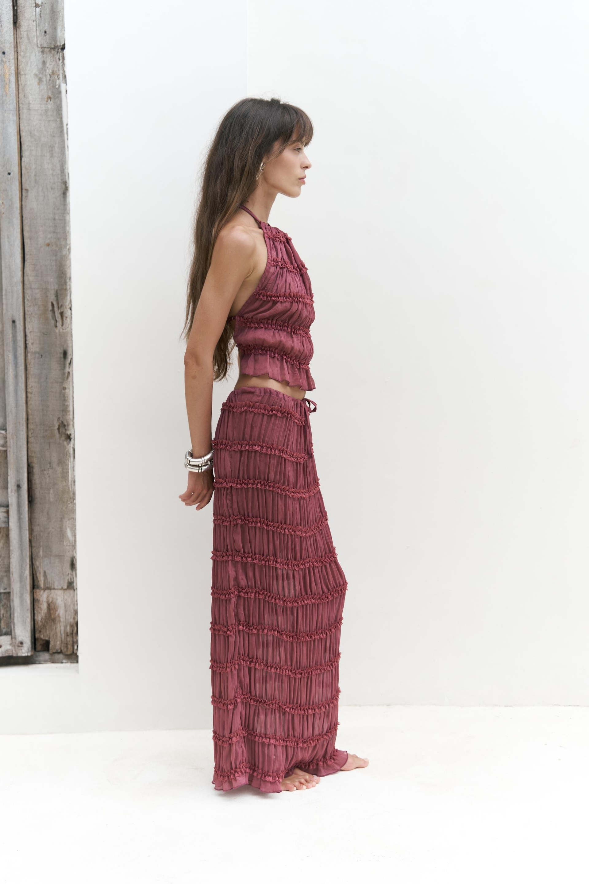 Sofi Transparan Açık Bordo Crop Etek Takım