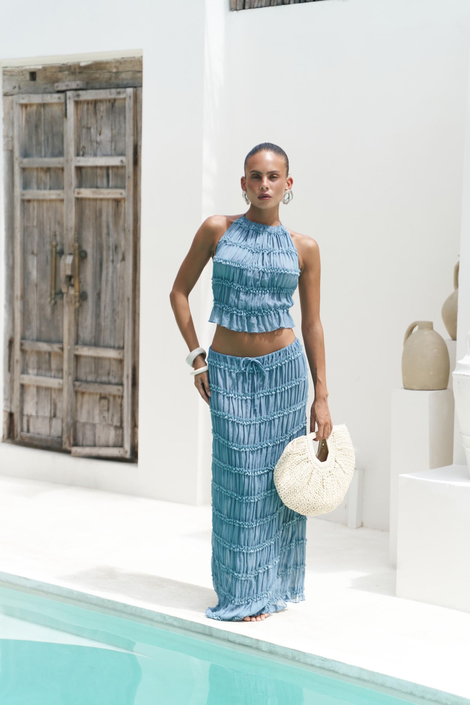 Sofi Transparan Mavi Crop Etek Takım