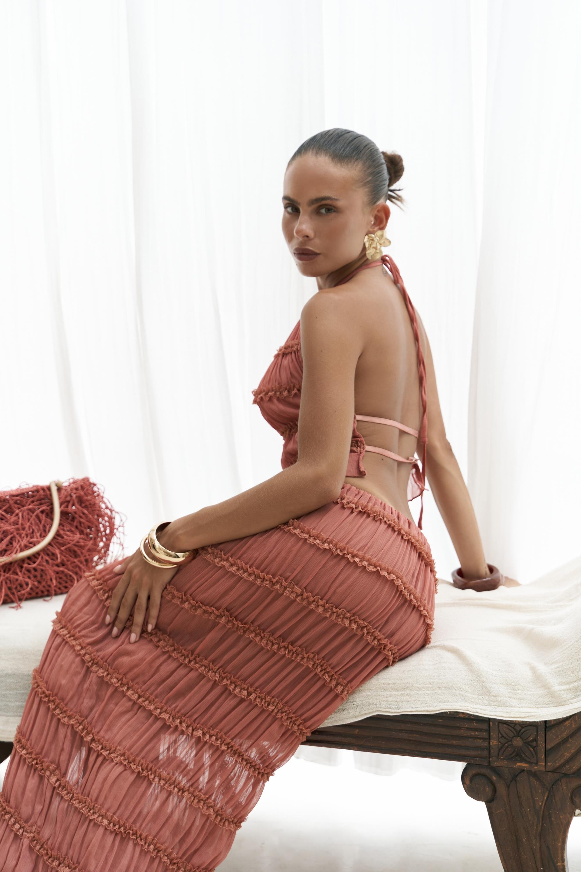 Sofi Transparan Tarçın Crop Etek Takım