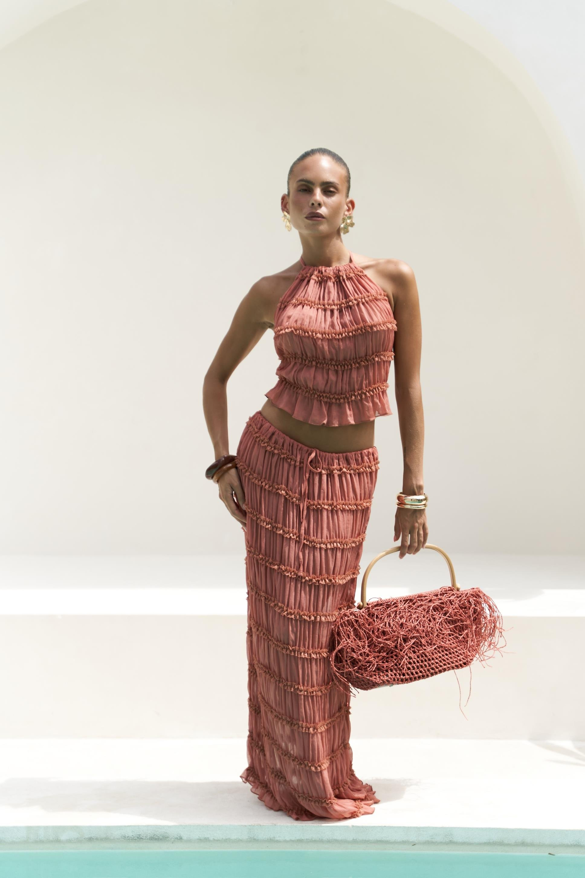 Sofi Transparan Tarçın Crop Etek Takım