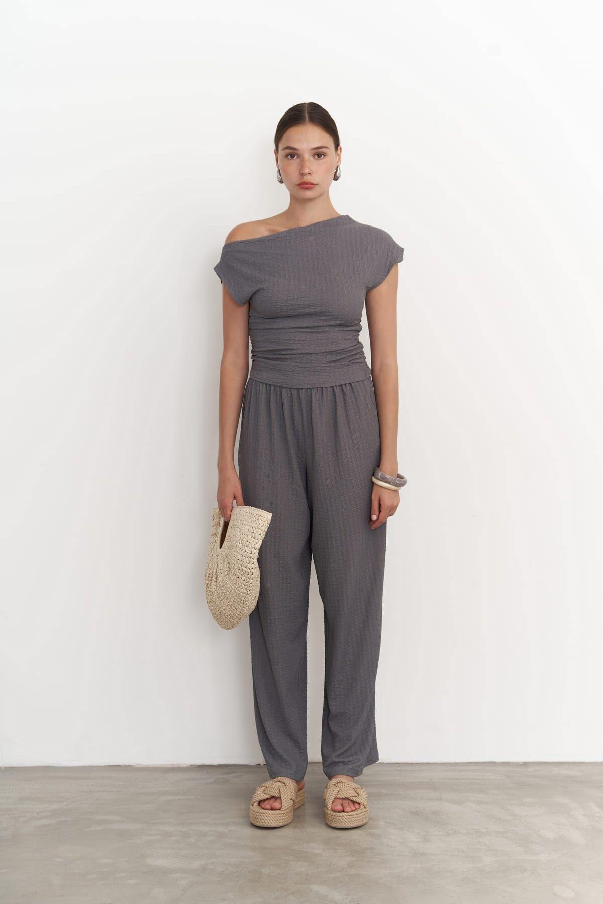 Sona Dark Gray Asymmetrical Blouse & Trousers Set