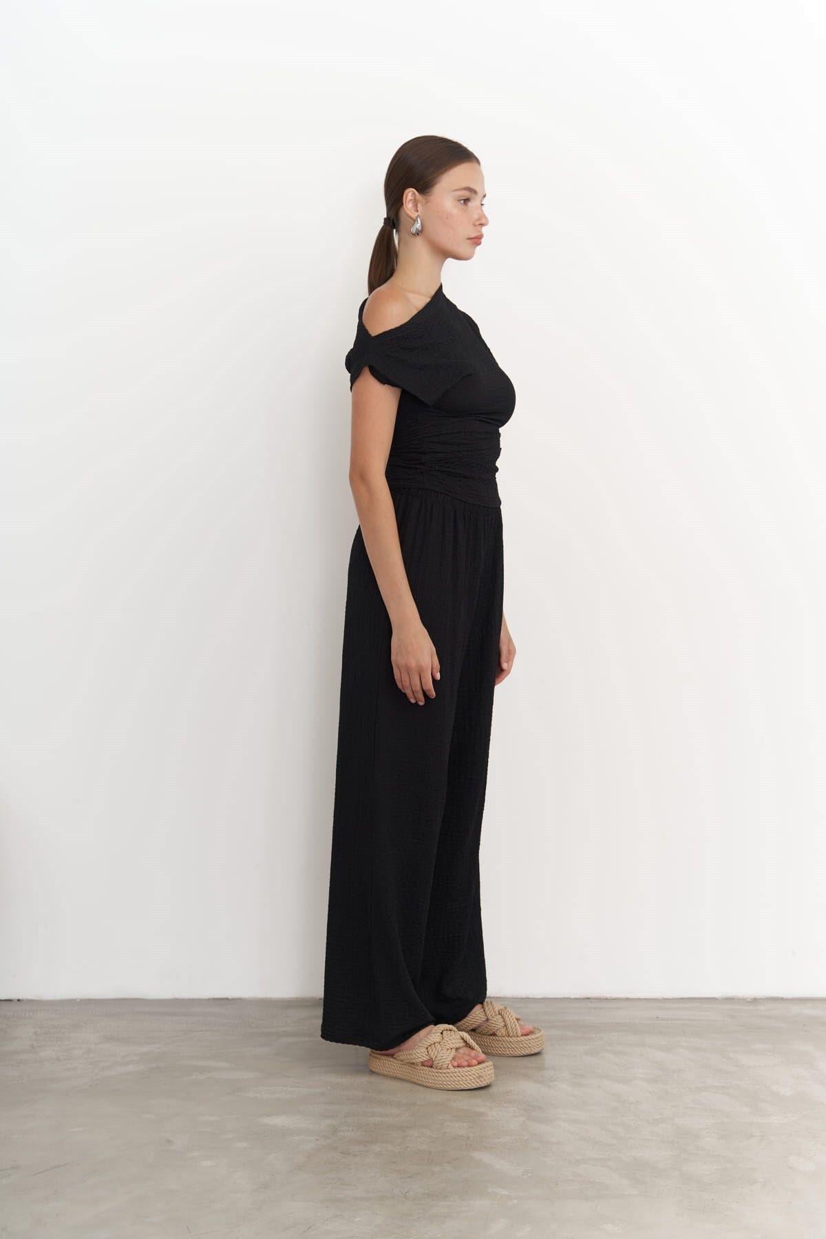 Sona Black Asymmetrical Blouse & Trousers Set