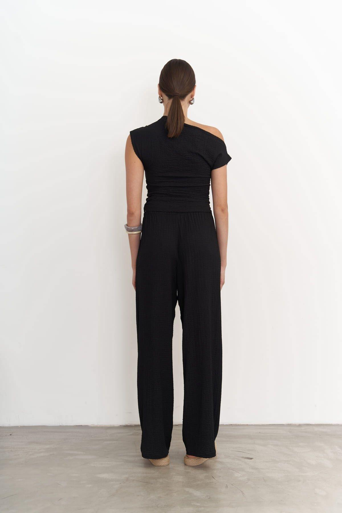 Sona Black Asymmetrical Blouse & Trousers Set