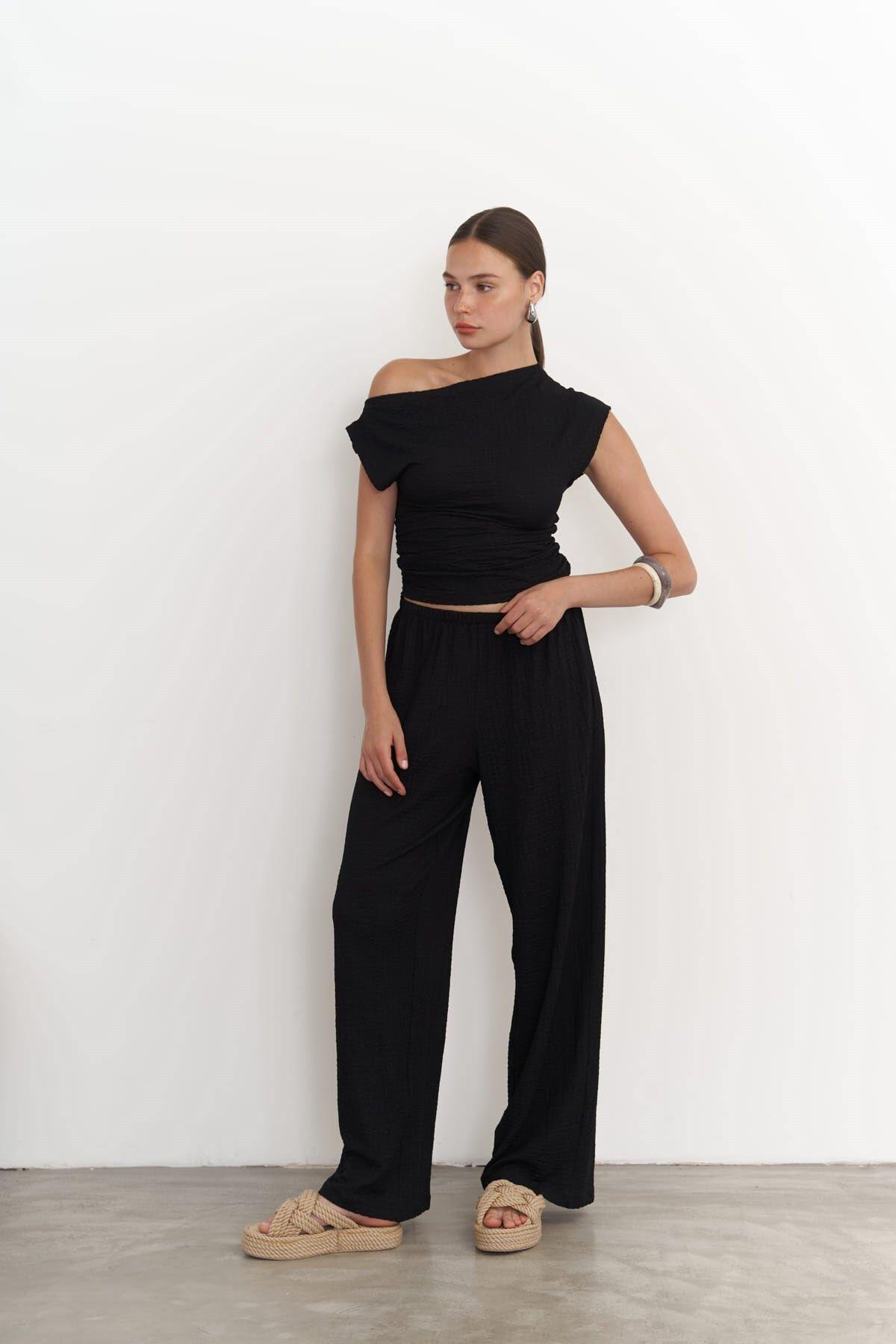 Sona Black Asymmetrical Blouse & Trousers Set