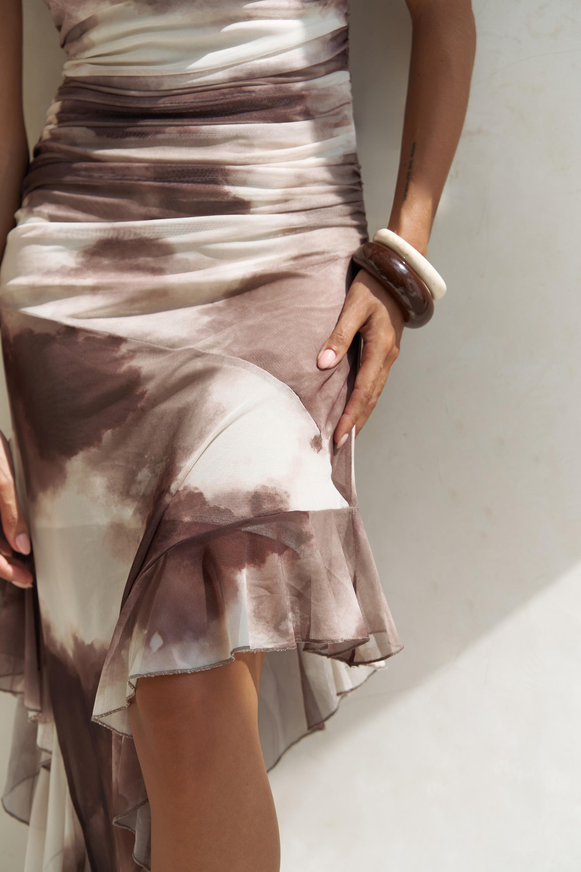 Stracnaha Drape Detaylı Kahve Straplez Elbise