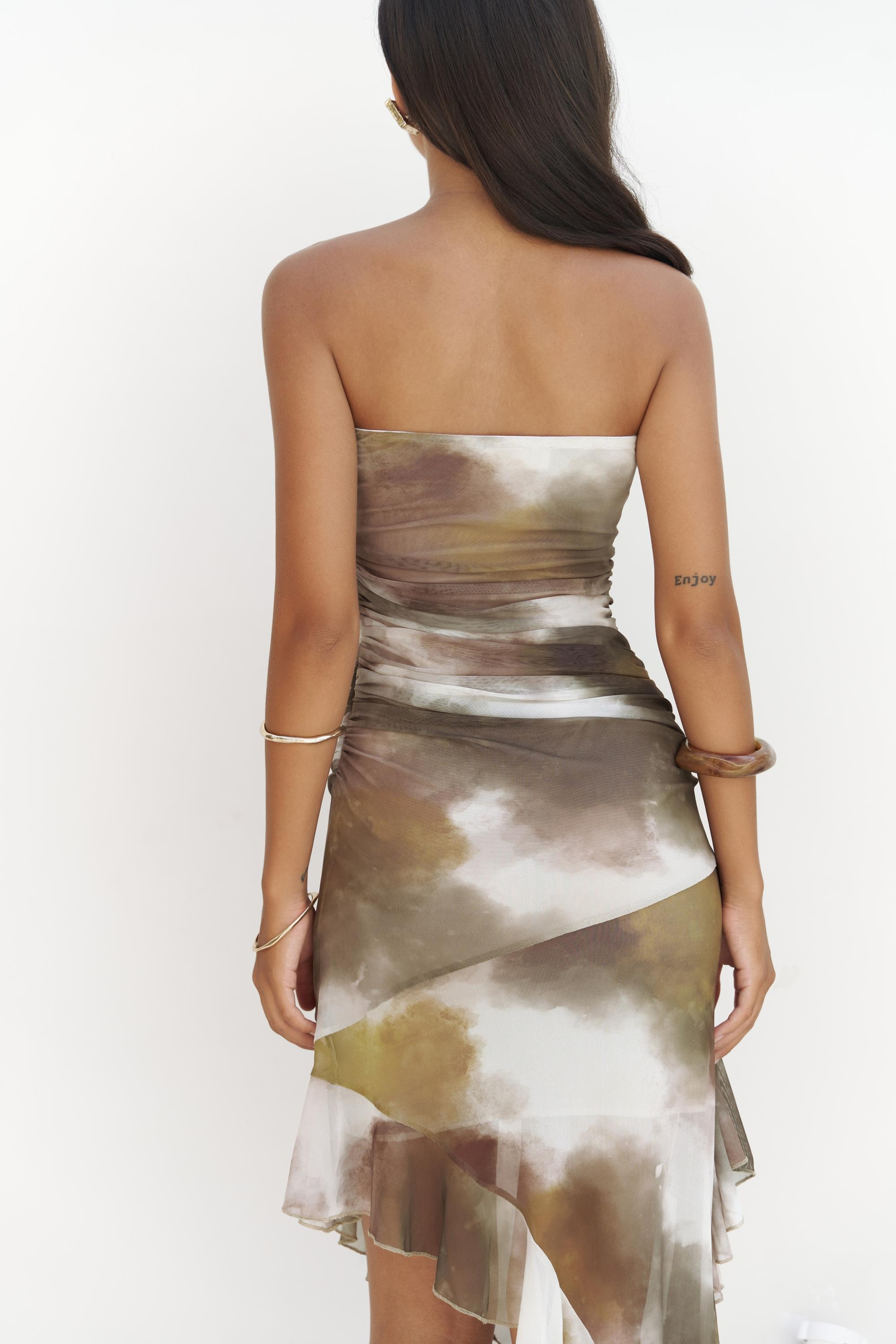 Stracnaha Drape Detaylı Yeşil Straplez Elbise