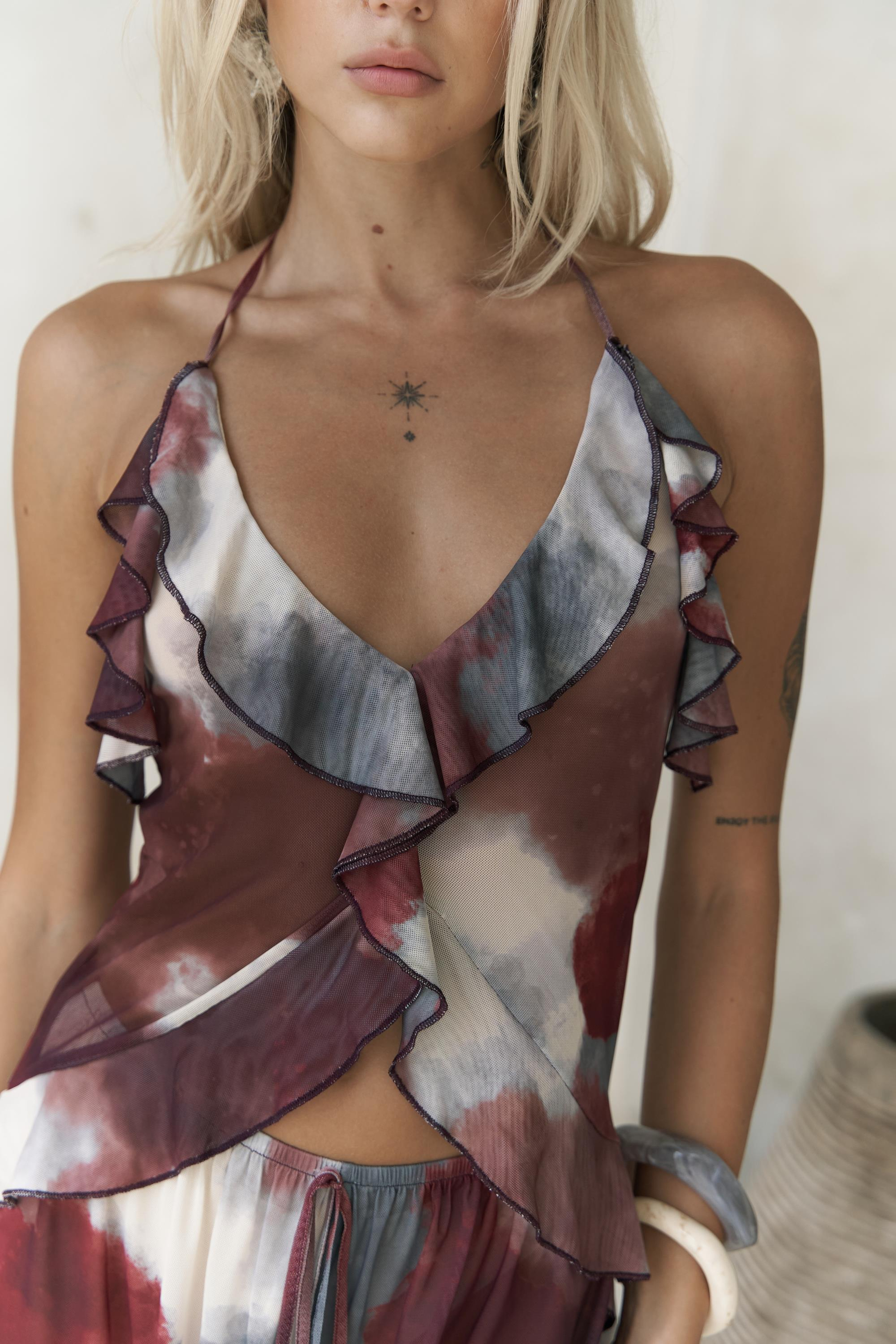 Sulliven Fırfır Detay Bordo Crop Pantolon Takım