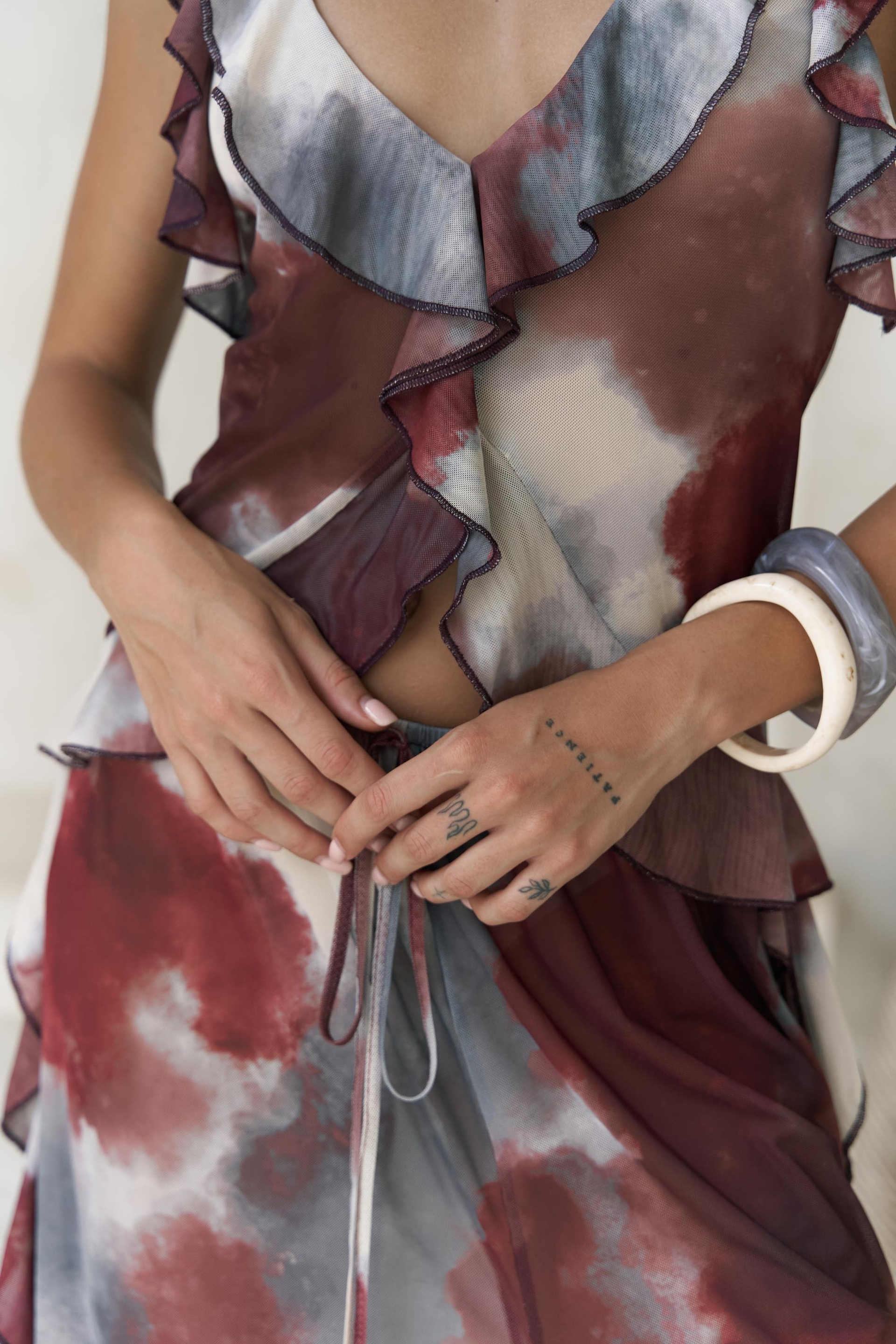 Sulliven Fırfır Detay Bordo Crop Pantolon Takım