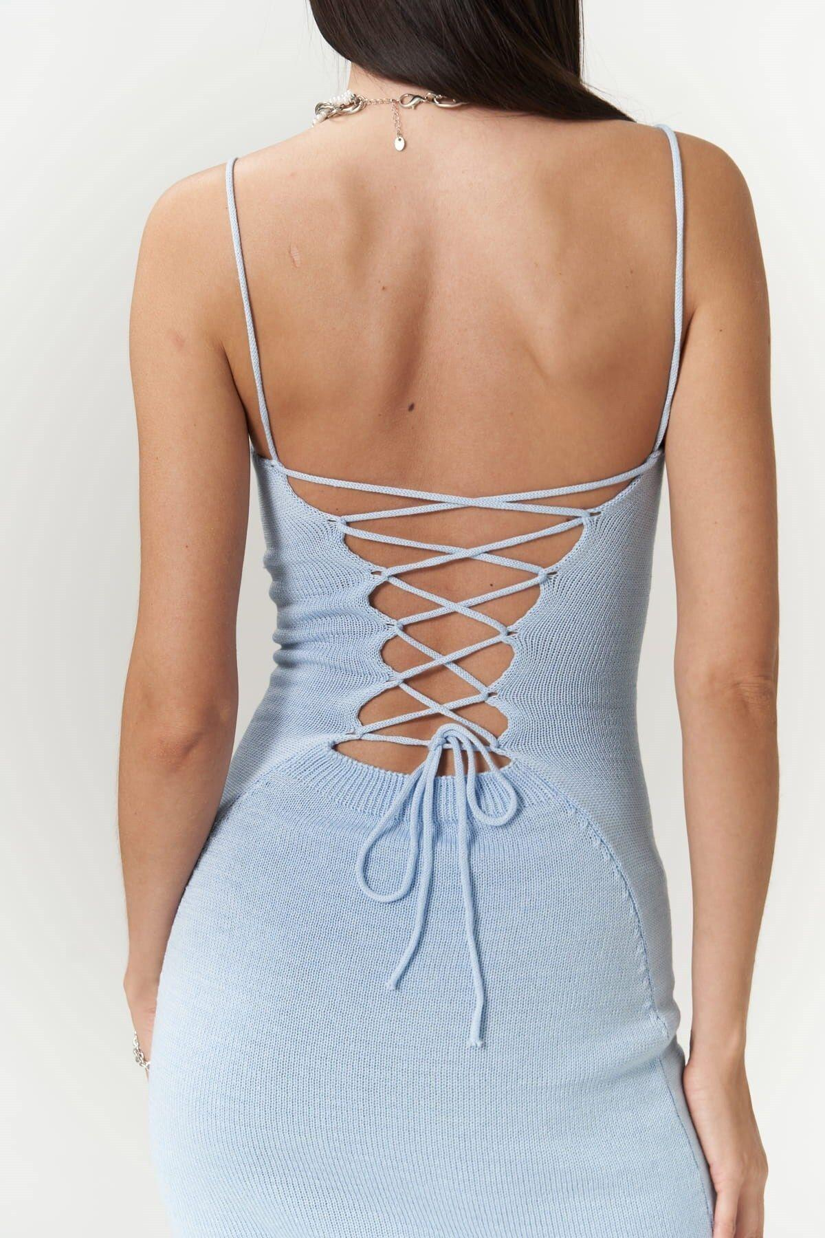 Sunrise Blue Short Knit Dress with Open Back 
