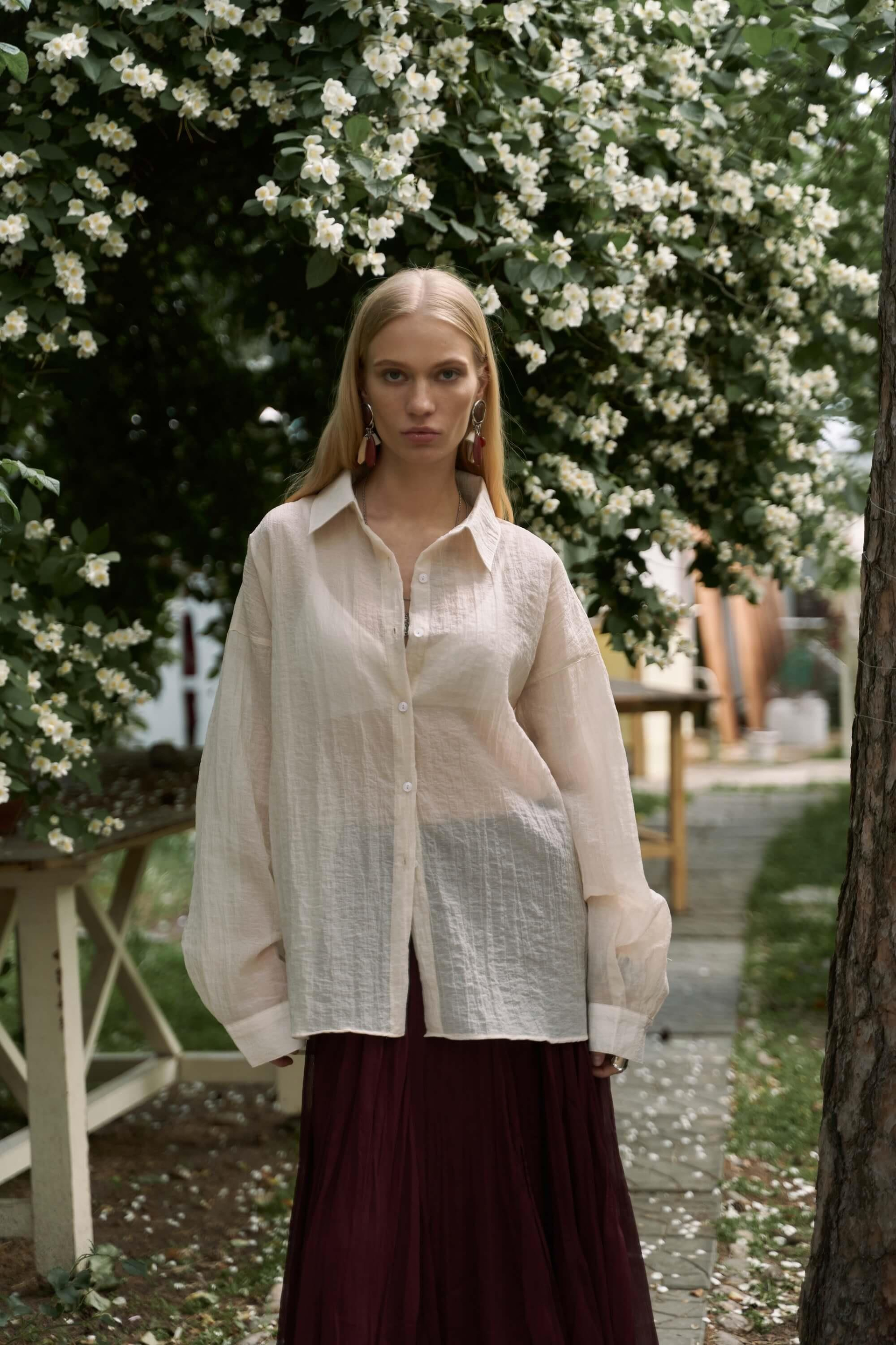 Syaritta Oversize Bej Transparan Gömlek