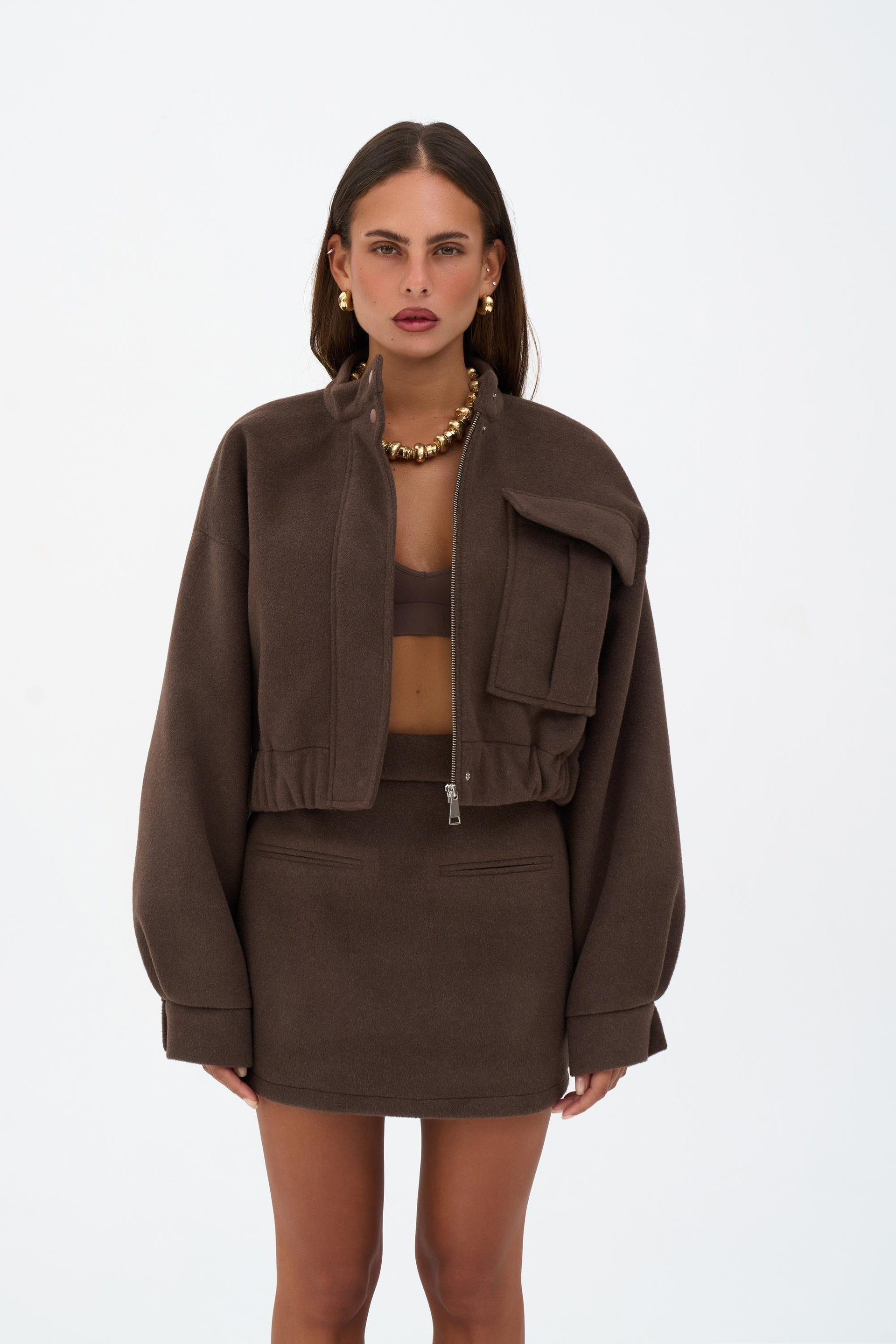 Tenby Koyu Kahve Crop Ceket-Etek Takım