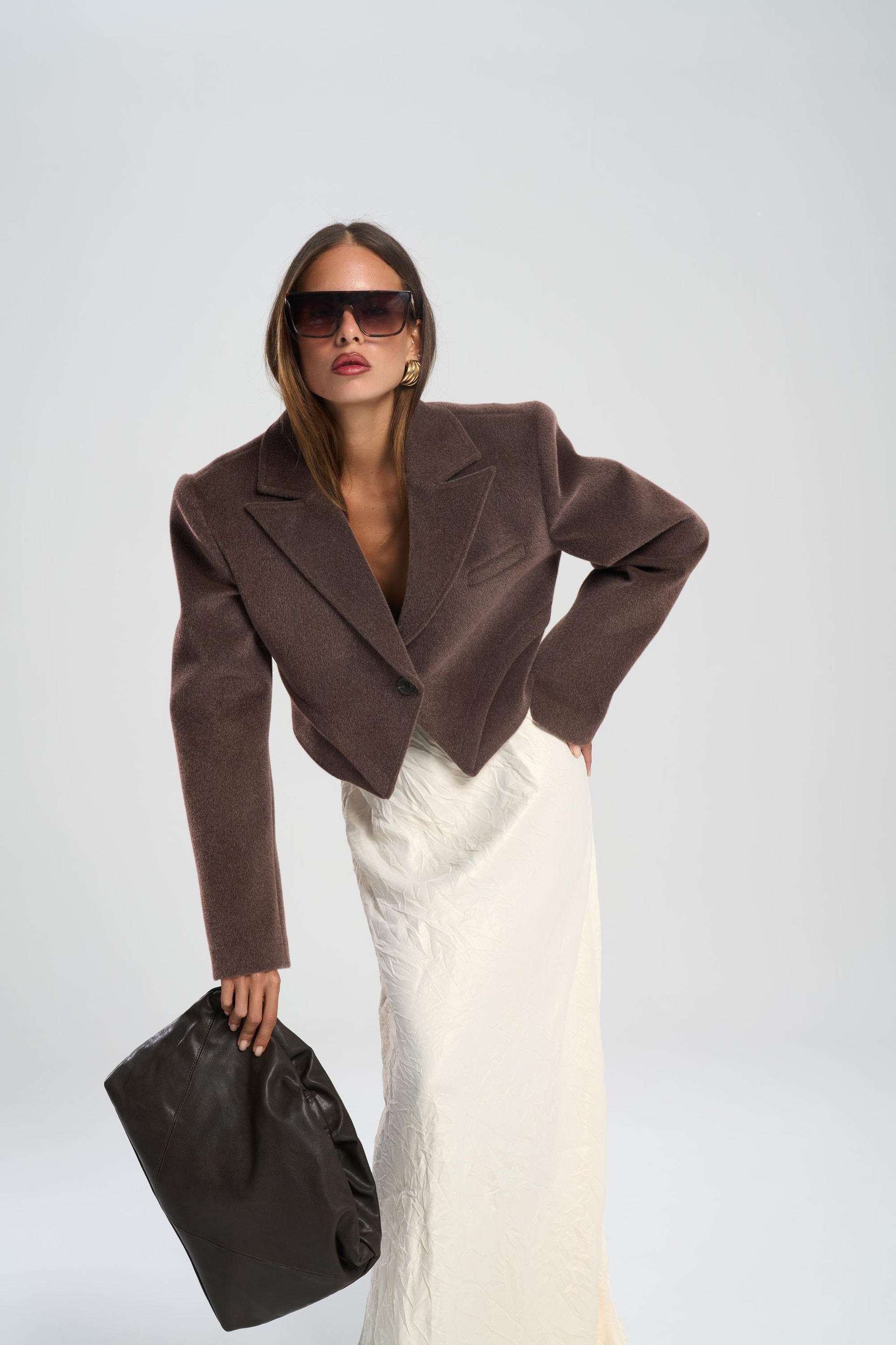 Teya Kahve Üçgen Detay Crop Ceket