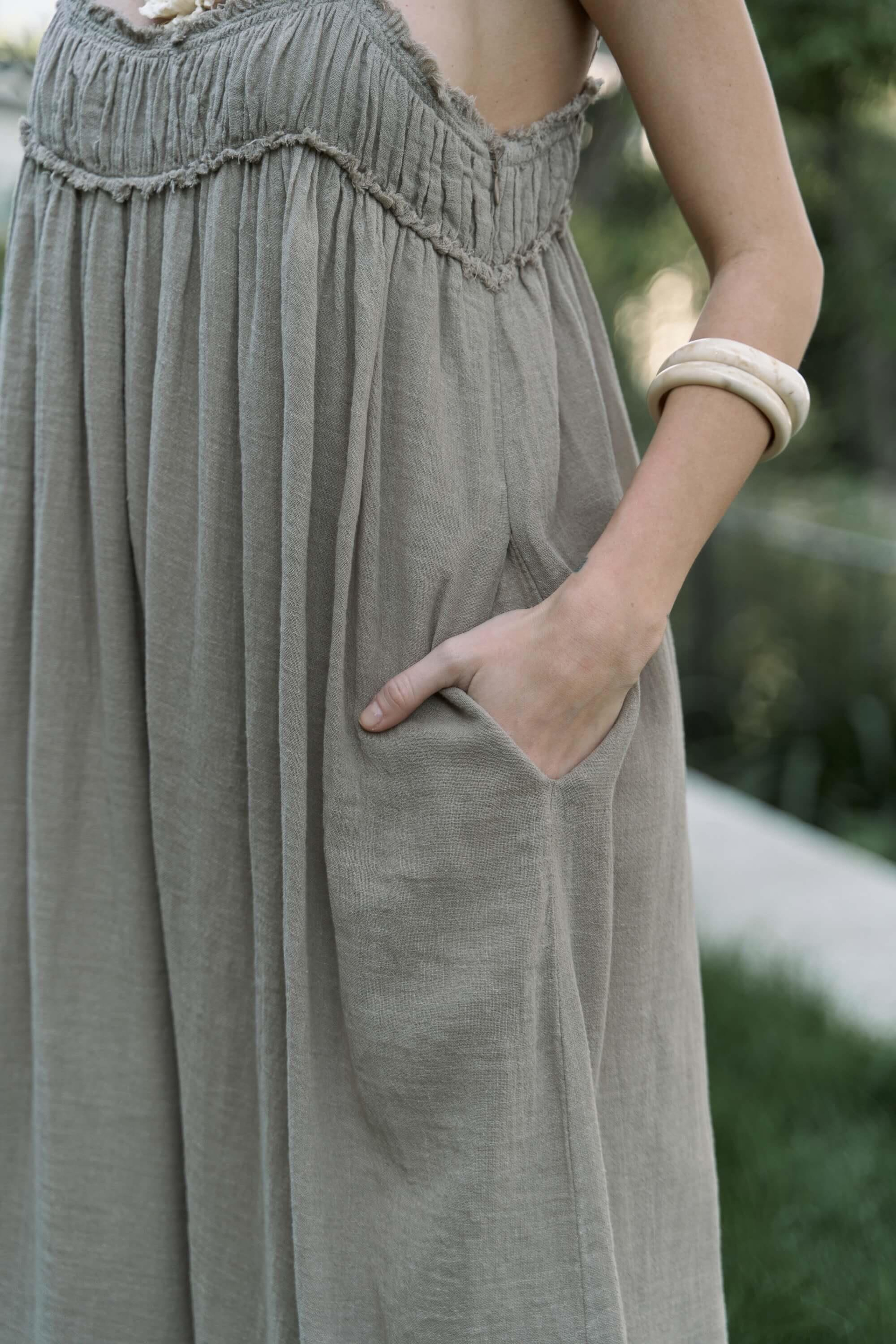 Torrora Uzun Haki Keten Elbise