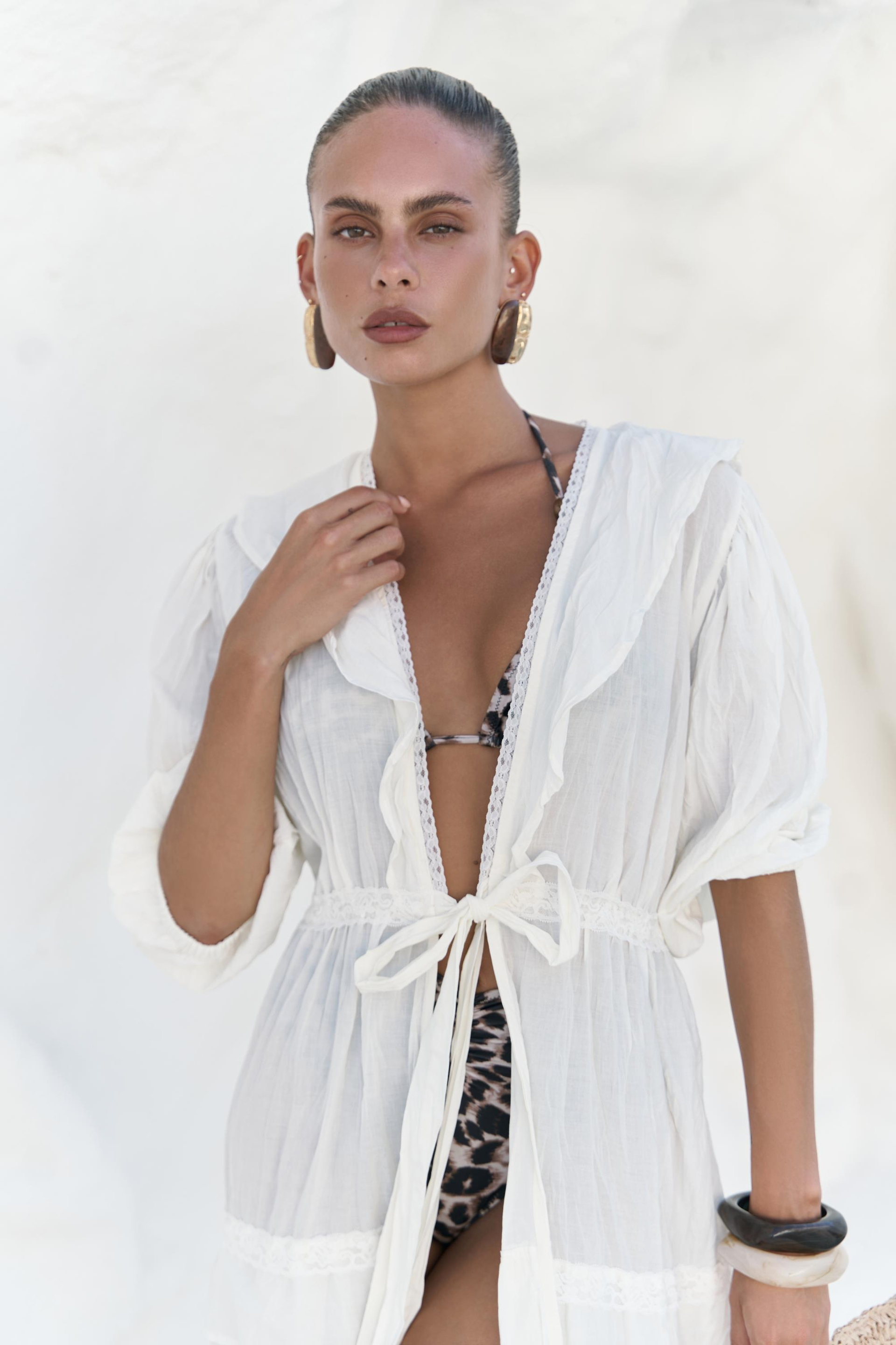 Trieste Dantel Detay Ekru Uzun Elbise