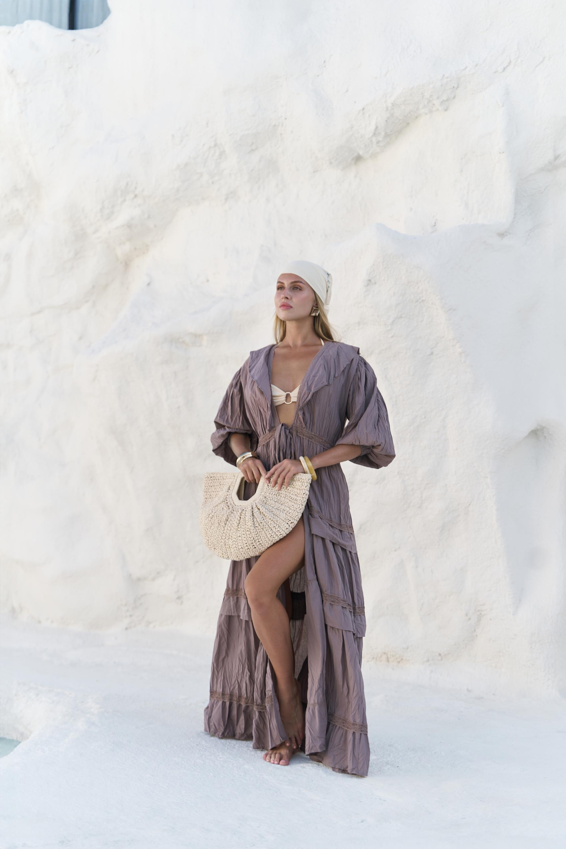 Trieste Dantel Detay Vizon Uzun Elbise