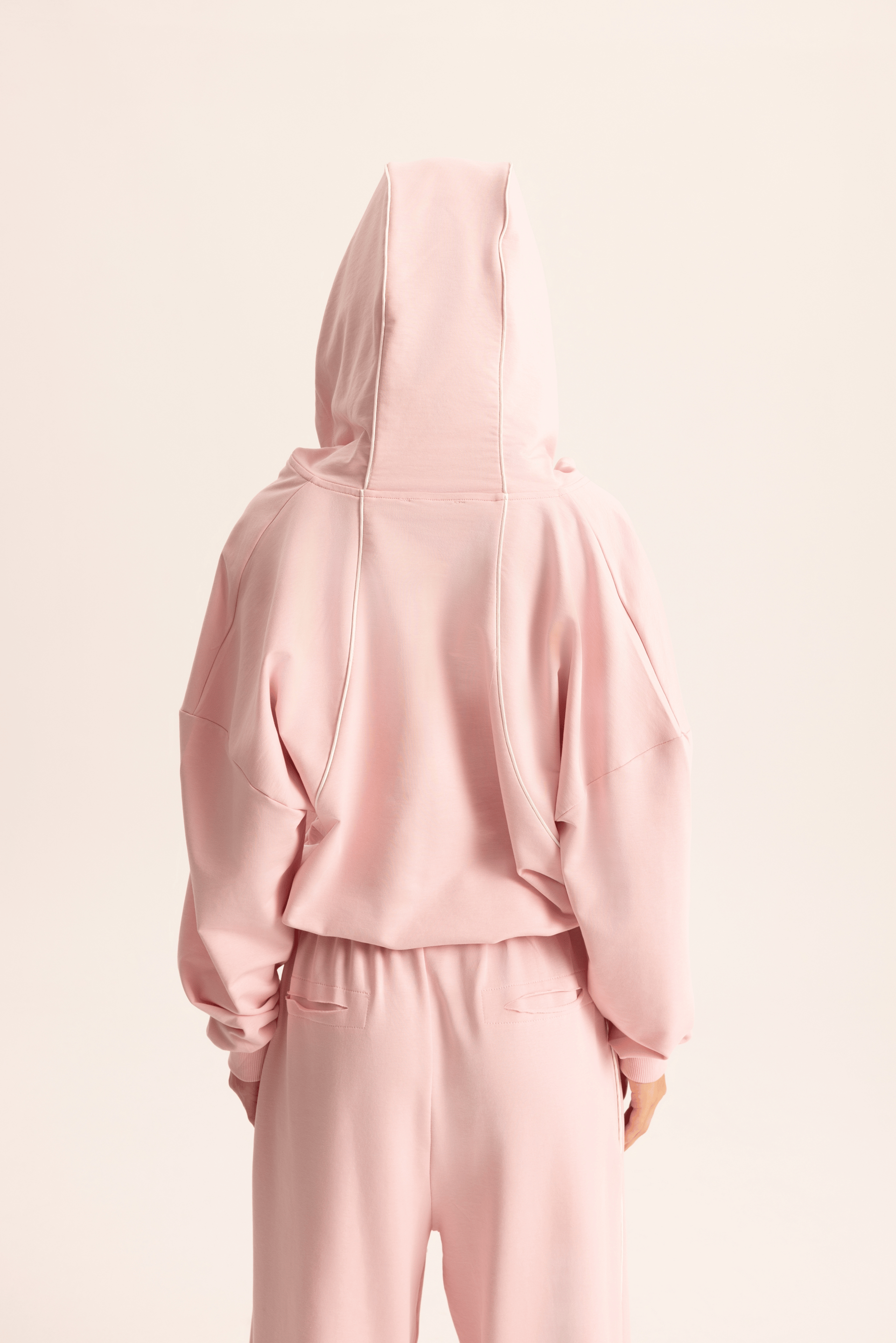 Tyon Şerit Detay Pembe Kapüşonlu Crop Eşofman Takım