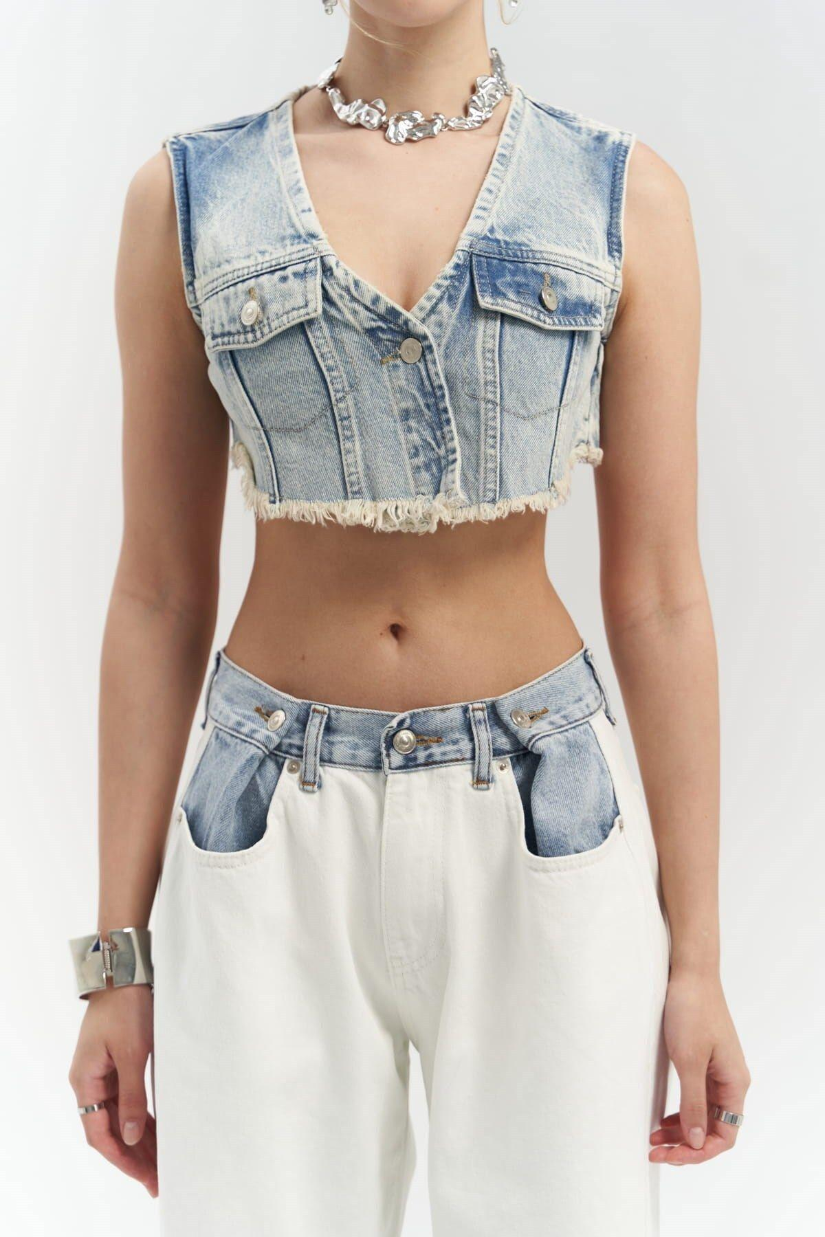 Unique Beyaz / Mavi Jean Pantolon